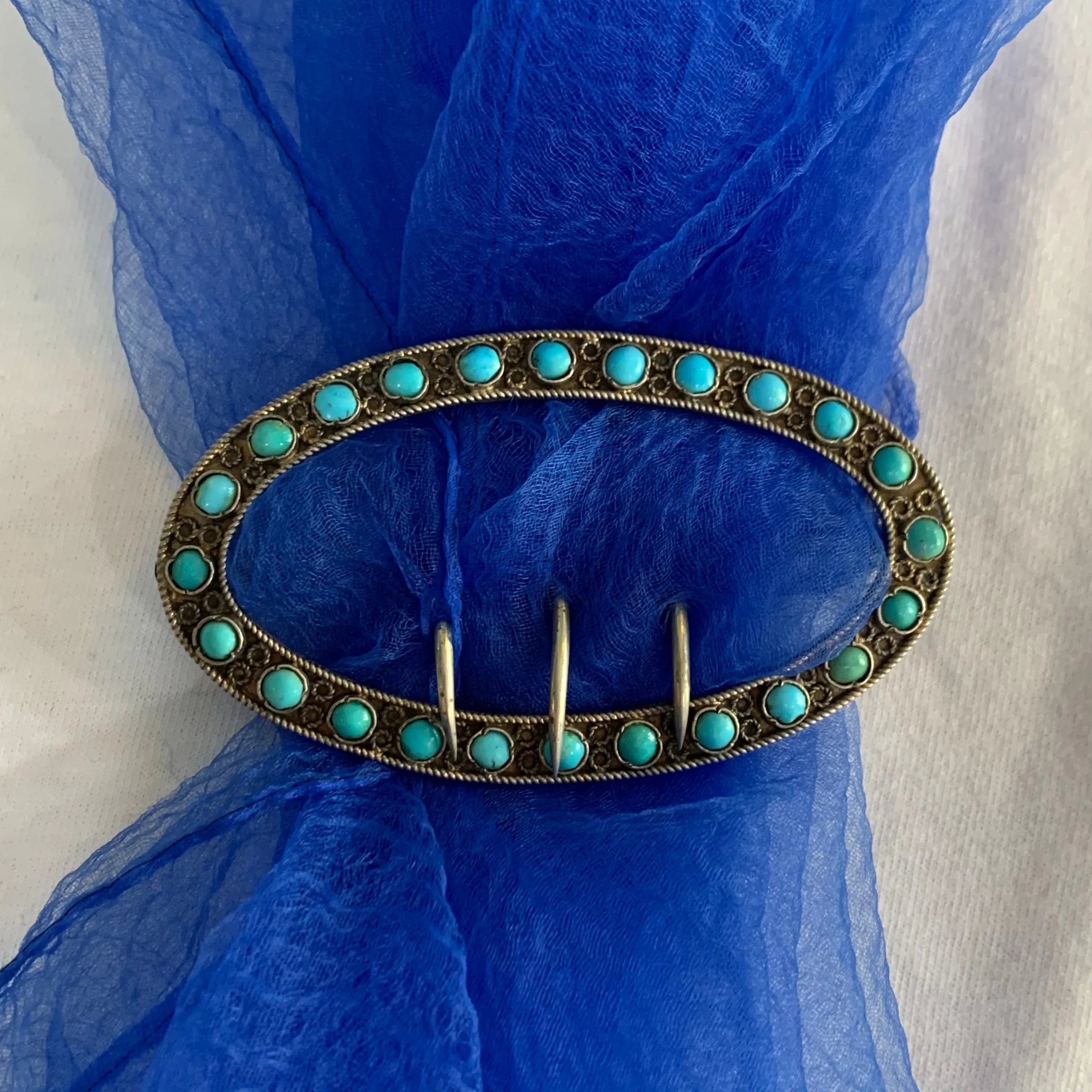 1800s Sterling on Gilt Turquoise Sash Buckle