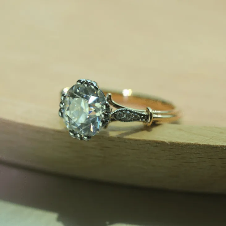 18k Yellow & White Gold 4.5 Carat Old European Cut Cushion Lab Diamond Vintage Style Engagement Ring