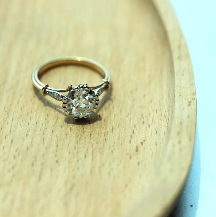 18k Yellow & White Gold 4.5 Carat Old European Cut Cushion Lab Diamond Vintage Style Engagement Ring
