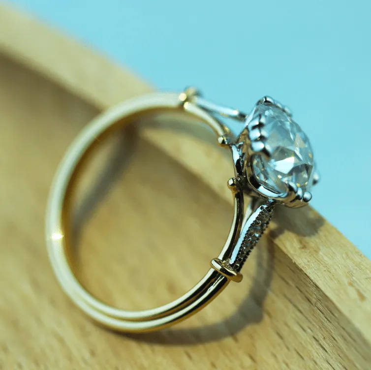 18k Yellow & White Gold 4.5 Carat Old European Cut Cushion Lab Diamond Vintage Style Engagement Ring