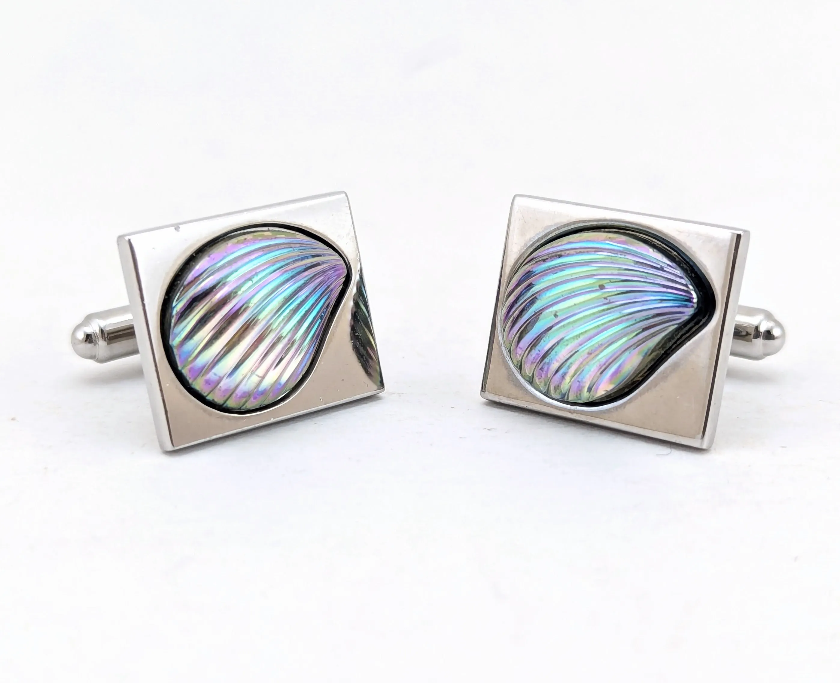 1960s Modernist Cufflinks Set Mad Men Era Silver Tone Metal Cufflinks with Large Iridescent Dichroic Glass Seashells by HICKOK