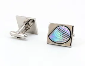 1960s Modernist Cufflinks Set Mad Men Era Silver Tone Metal Cufflinks with Large Iridescent Dichroic Glass Seashells by HICKOK