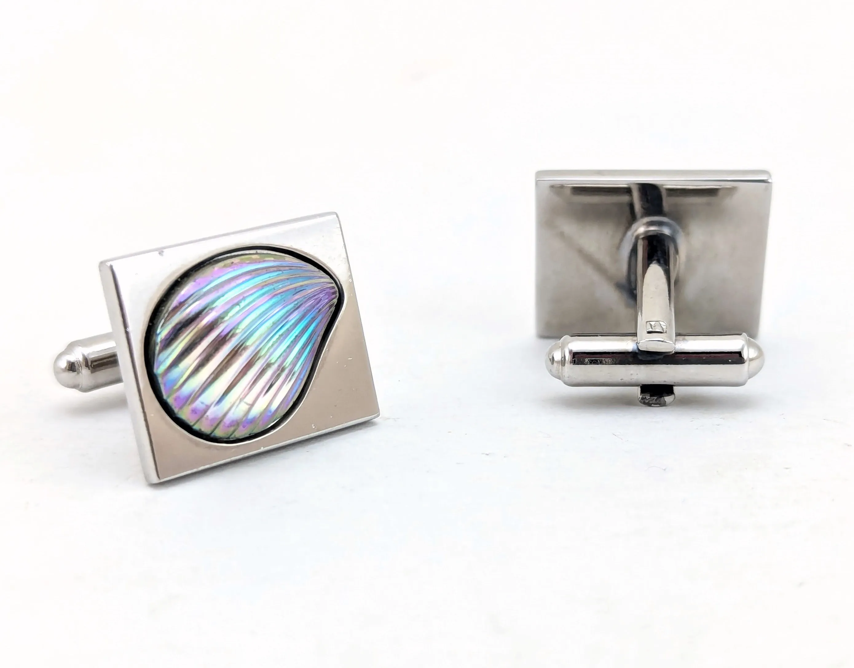 1960s Modernist Cufflinks Set Mad Men Era Silver Tone Metal Cufflinks with Large Iridescent Dichroic Glass Seashells by HICKOK