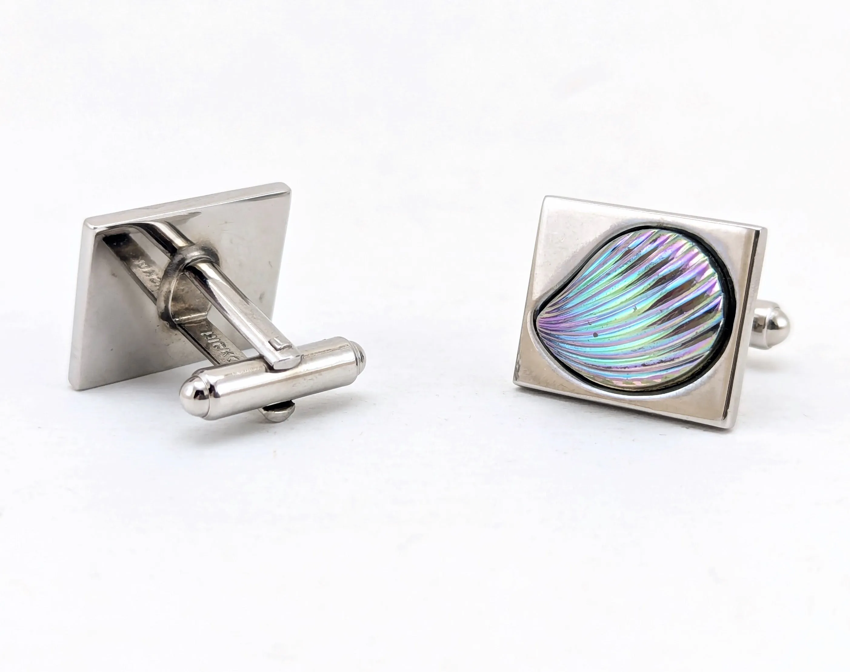1960s Modernist Cufflinks Set Mad Men Era Silver Tone Metal Cufflinks with Large Iridescent Dichroic Glass Seashells by HICKOK