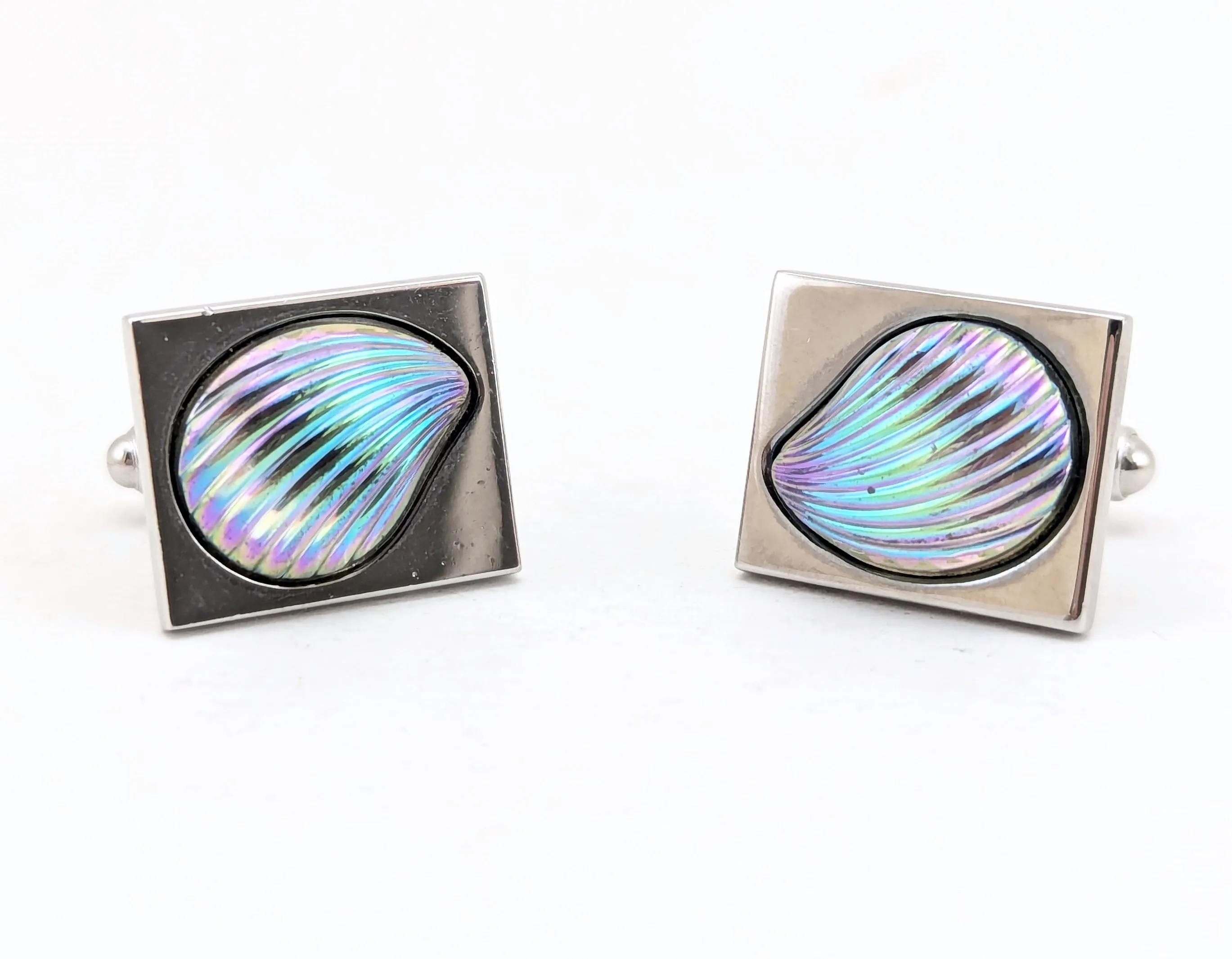 1960s Modernist Cufflinks Set Mad Men Era Silver Tone Metal Cufflinks with Large Iridescent Dichroic Glass Seashells by HICKOK