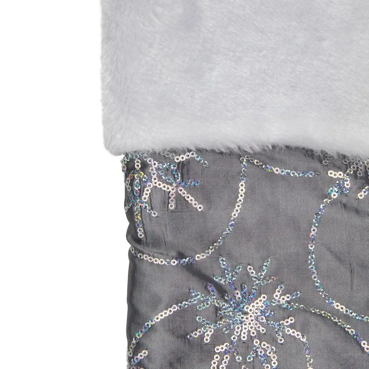 22" Silver Metallic Sequined Christmas Stocking with Faux Fur Cuff