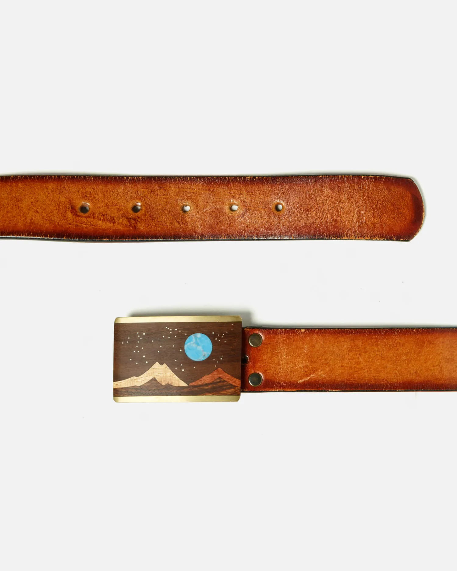 70s Wood and Turquoise Inlay Buckle on Embossed Landscape Belt -#31