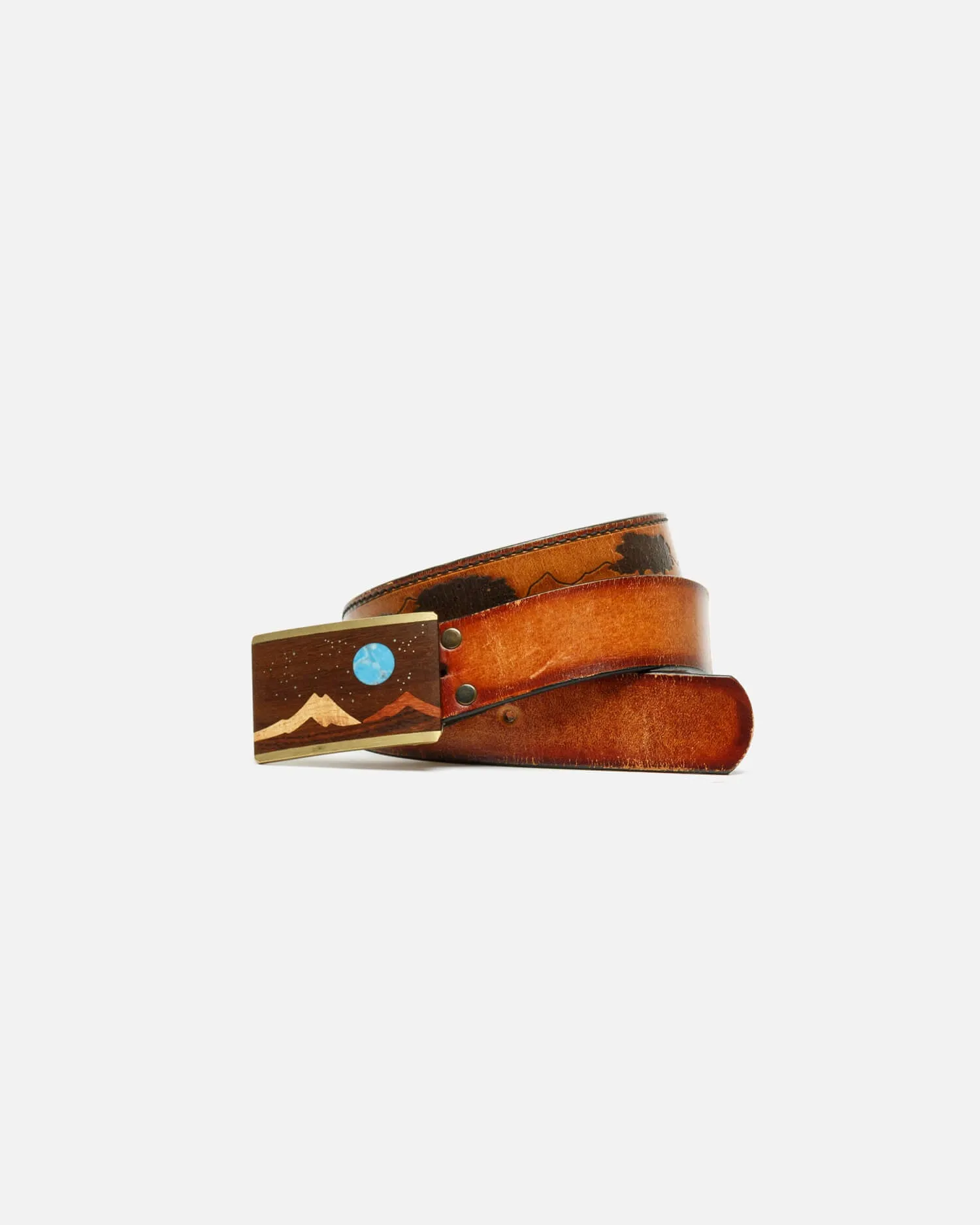 70s Wood and Turquoise Inlay Buckle on Embossed Landscape Belt -#31