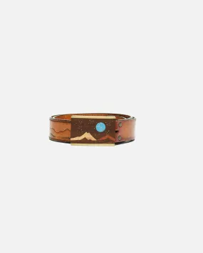 70s Wood and Turquoise Inlay Buckle on Embossed Landscape Belt -#31