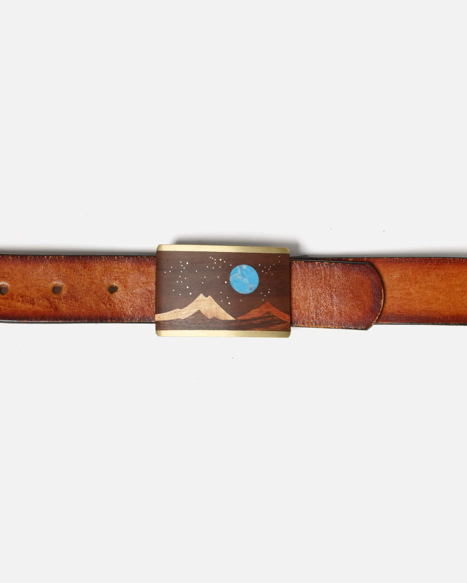 70s Wood and Turquoise Inlay Buckle on Embossed Landscape Belt -#31