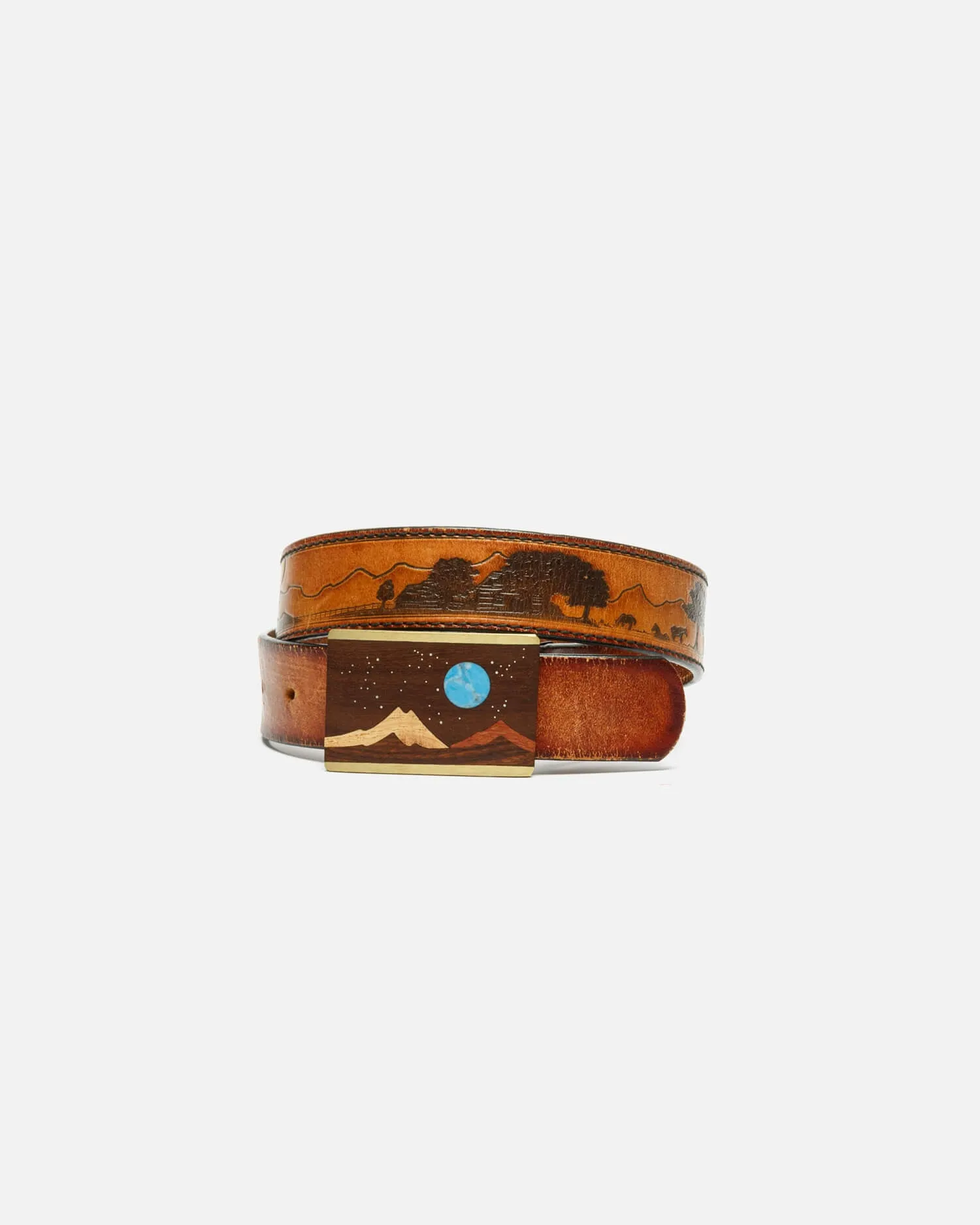 70s Wood and Turquoise Inlay Buckle on Embossed Landscape Belt -#31
