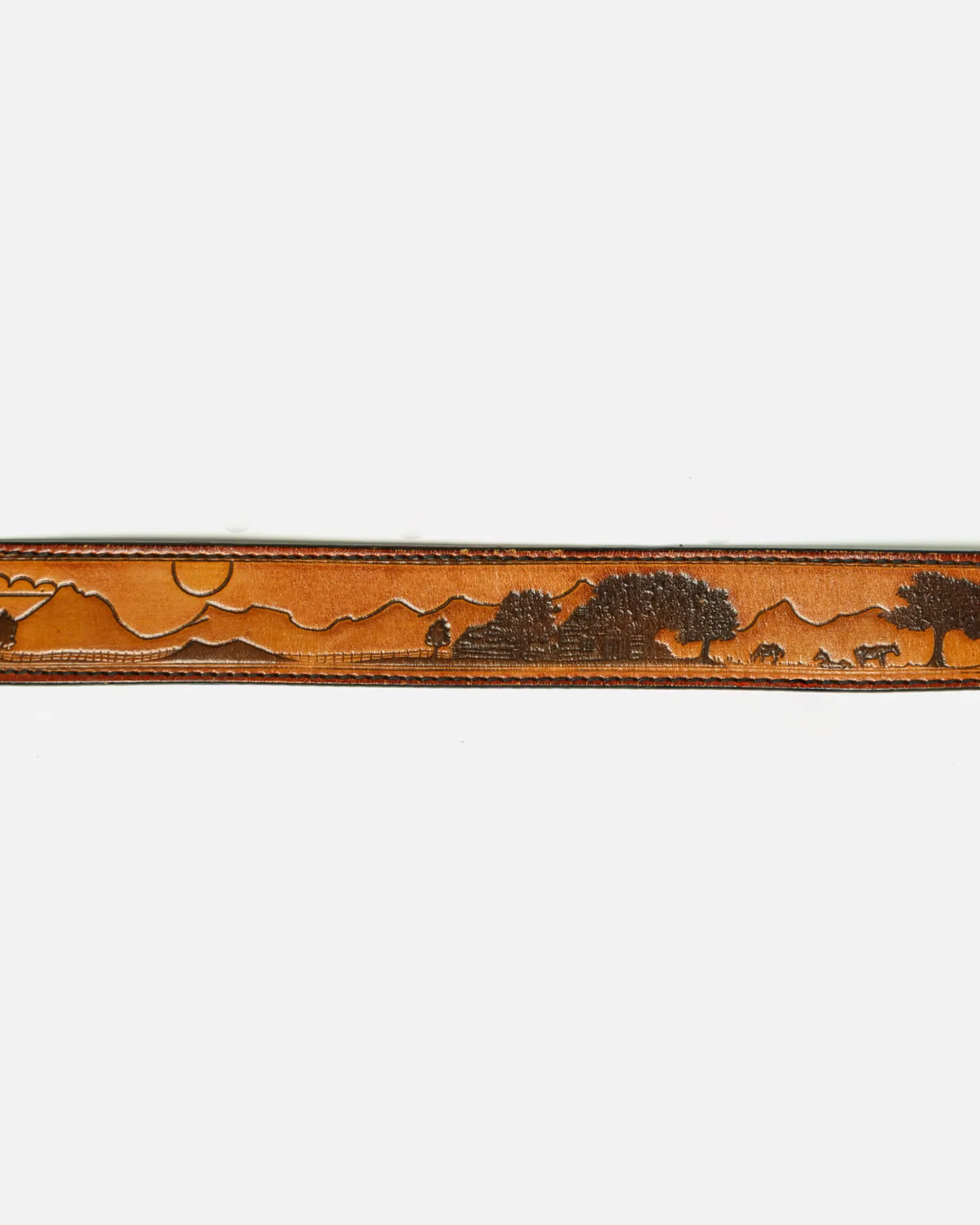 70s Wood and Turquoise Inlay Buckle on Embossed Landscape Belt -#31