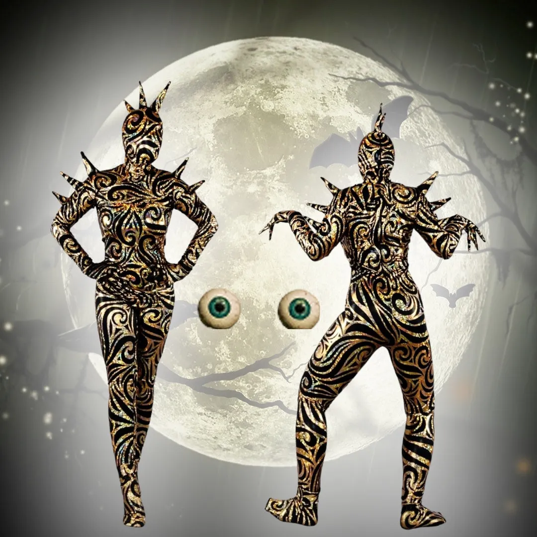 Alien Full Body Costume Set, Turtleneck Catsuit, Spiked Accessories, Open-Eye Headpiece