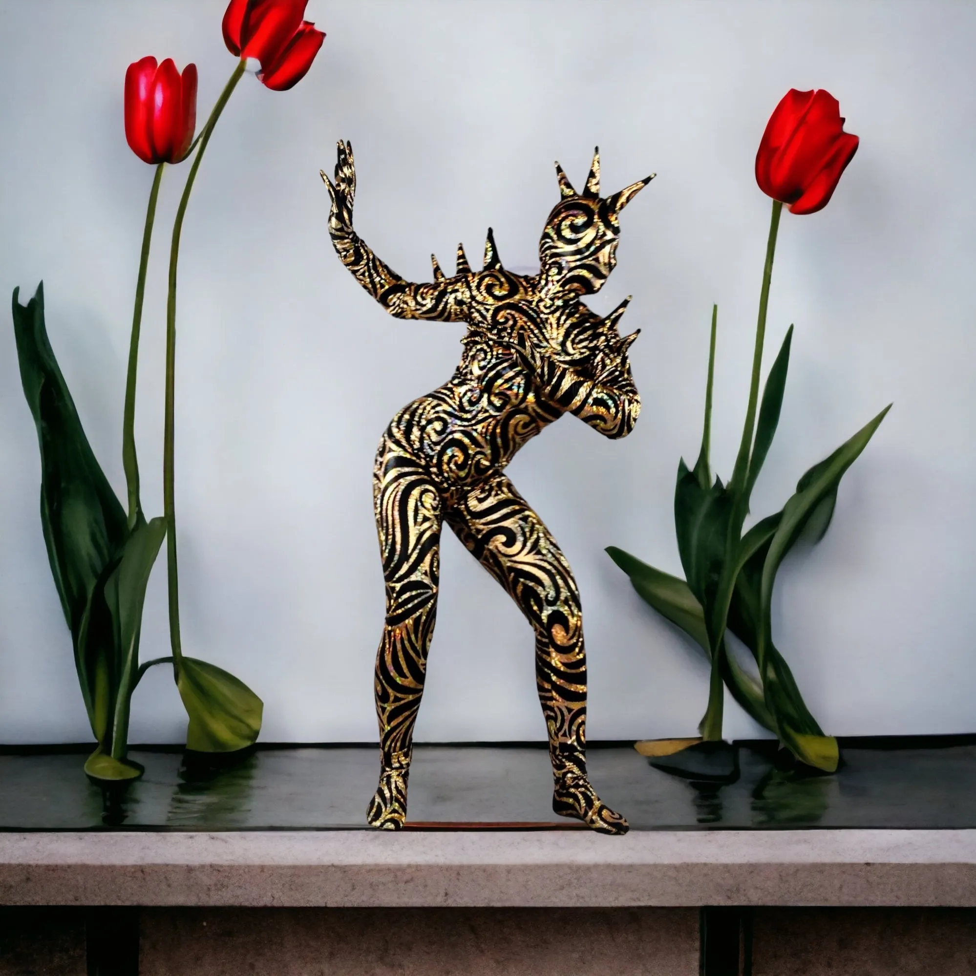 Alien Full Body Costume Set, Turtleneck Catsuit, Spiked Accessories, Open-Eye Headpiece