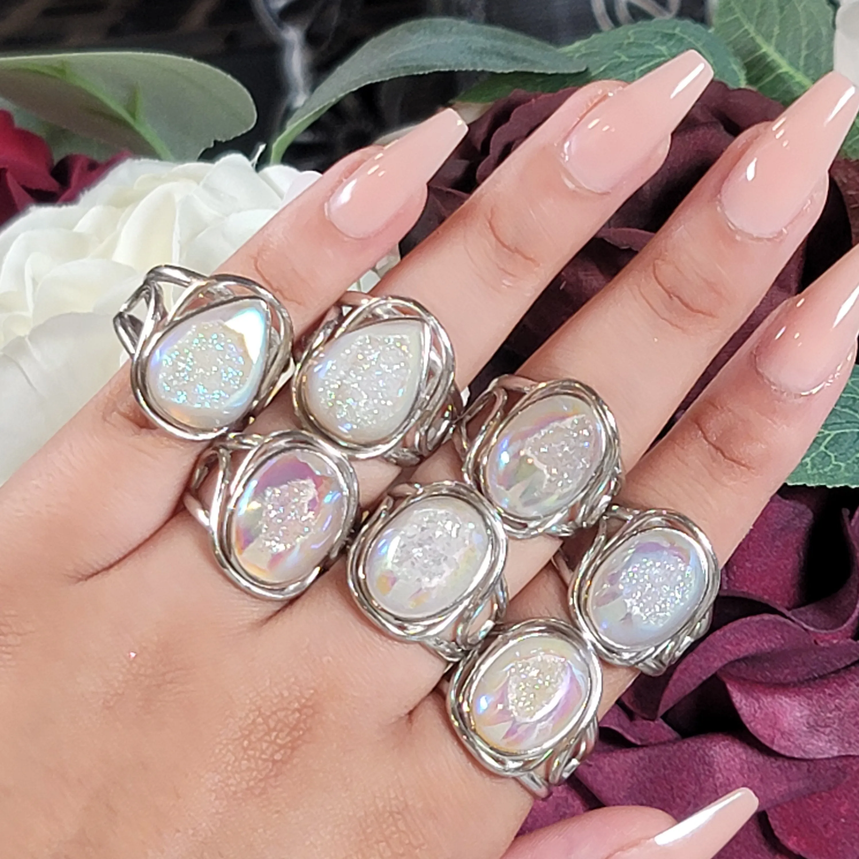 Angel Aura Druzy Quartz Cuff Ring .925 Silver for Connection with Angels and Spirit Guides