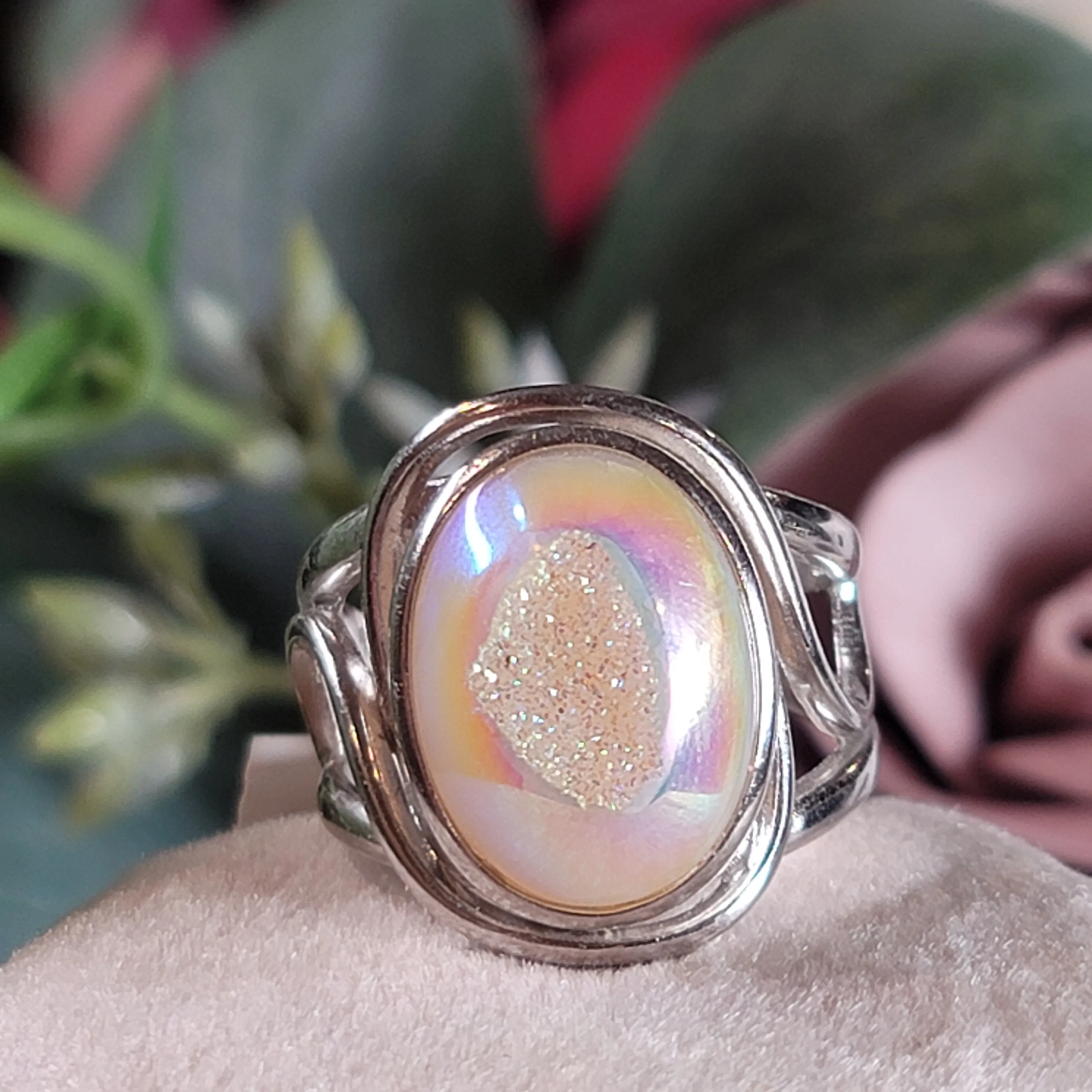 Angel Aura Druzy Quartz Cuff Ring .925 Silver for Connection with Angels and Spirit Guides