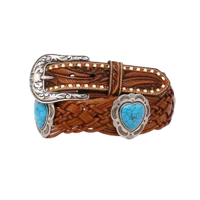 Angel Ranch Ladies Tooled Tabs Braided Heart Concho Tan Belt D140002408