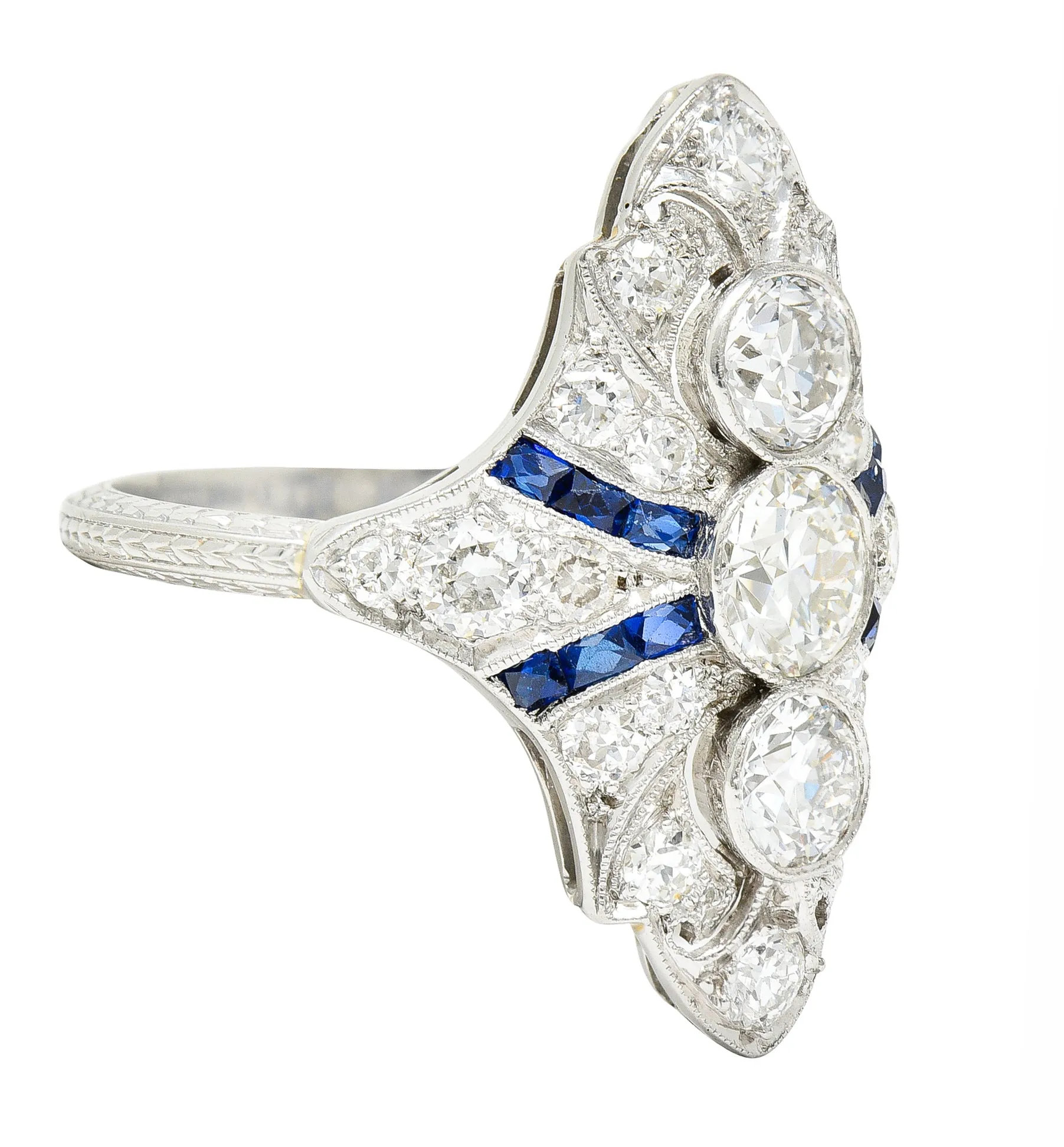 Art Deco 2.45 CTW Old European Cut Diamond French Cut Sapphire Platinum Navette Wheat Dinner Ring