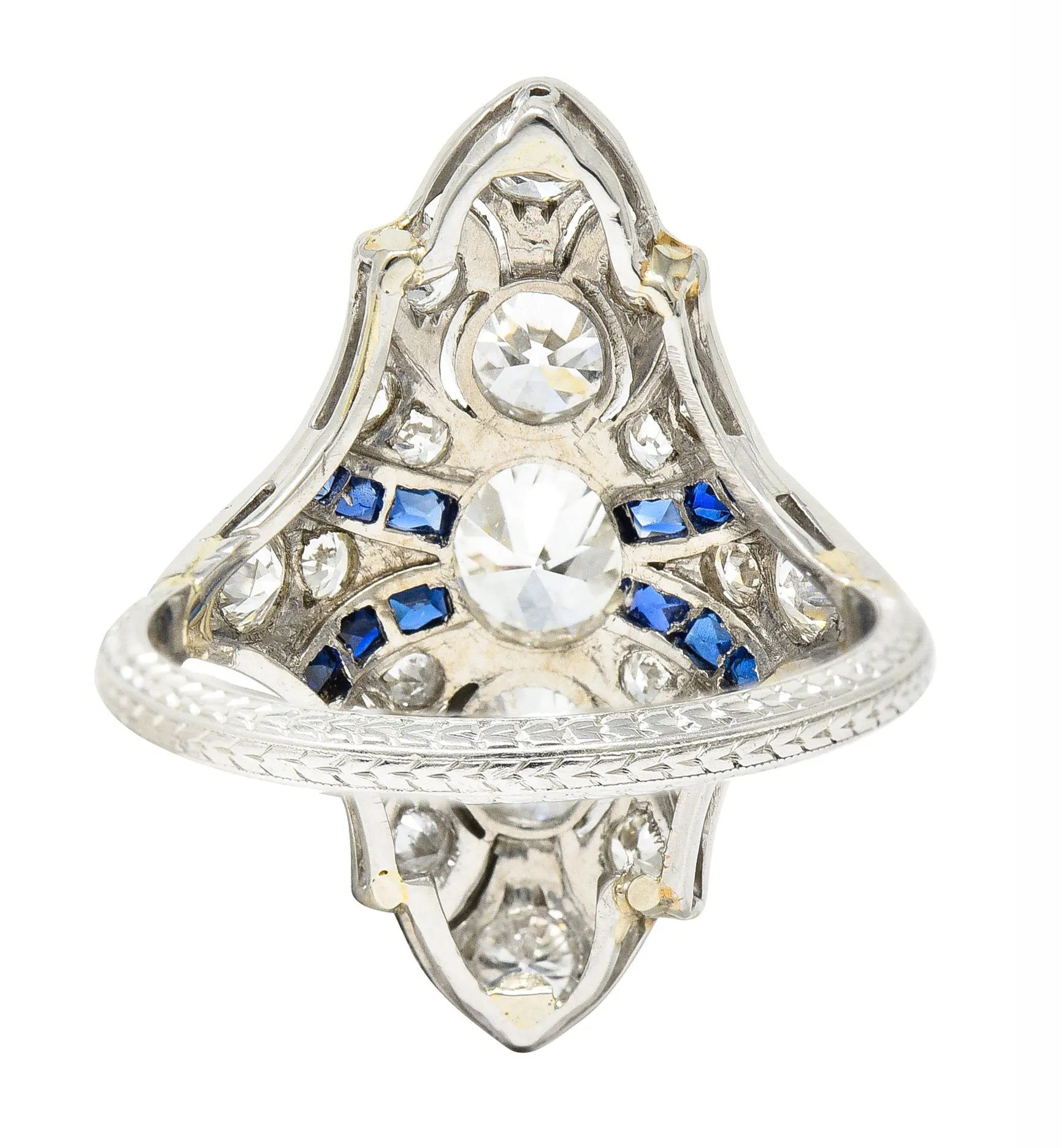 Art Deco 2.45 CTW Old European Cut Diamond French Cut Sapphire Platinum Navette Wheat Dinner Ring