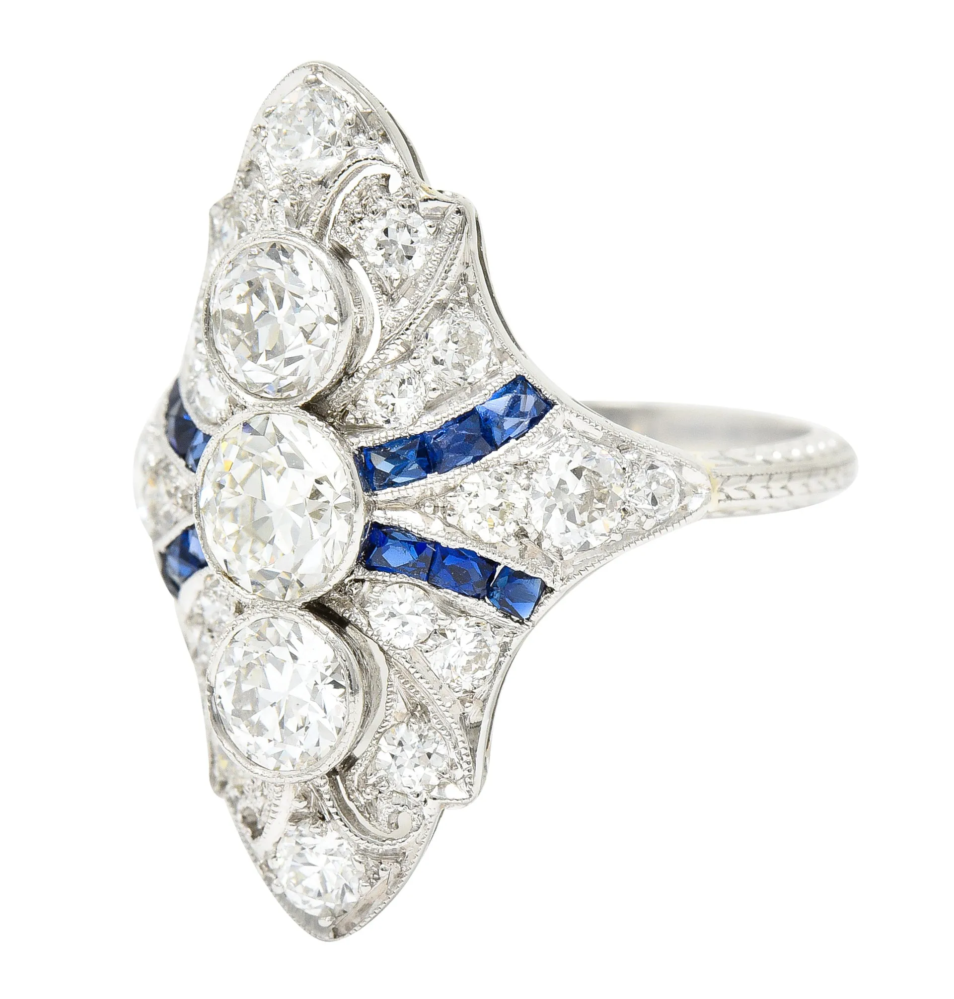 Art Deco 2.45 CTW Old European Cut Diamond French Cut Sapphire Platinum Navette Wheat Dinner Ring