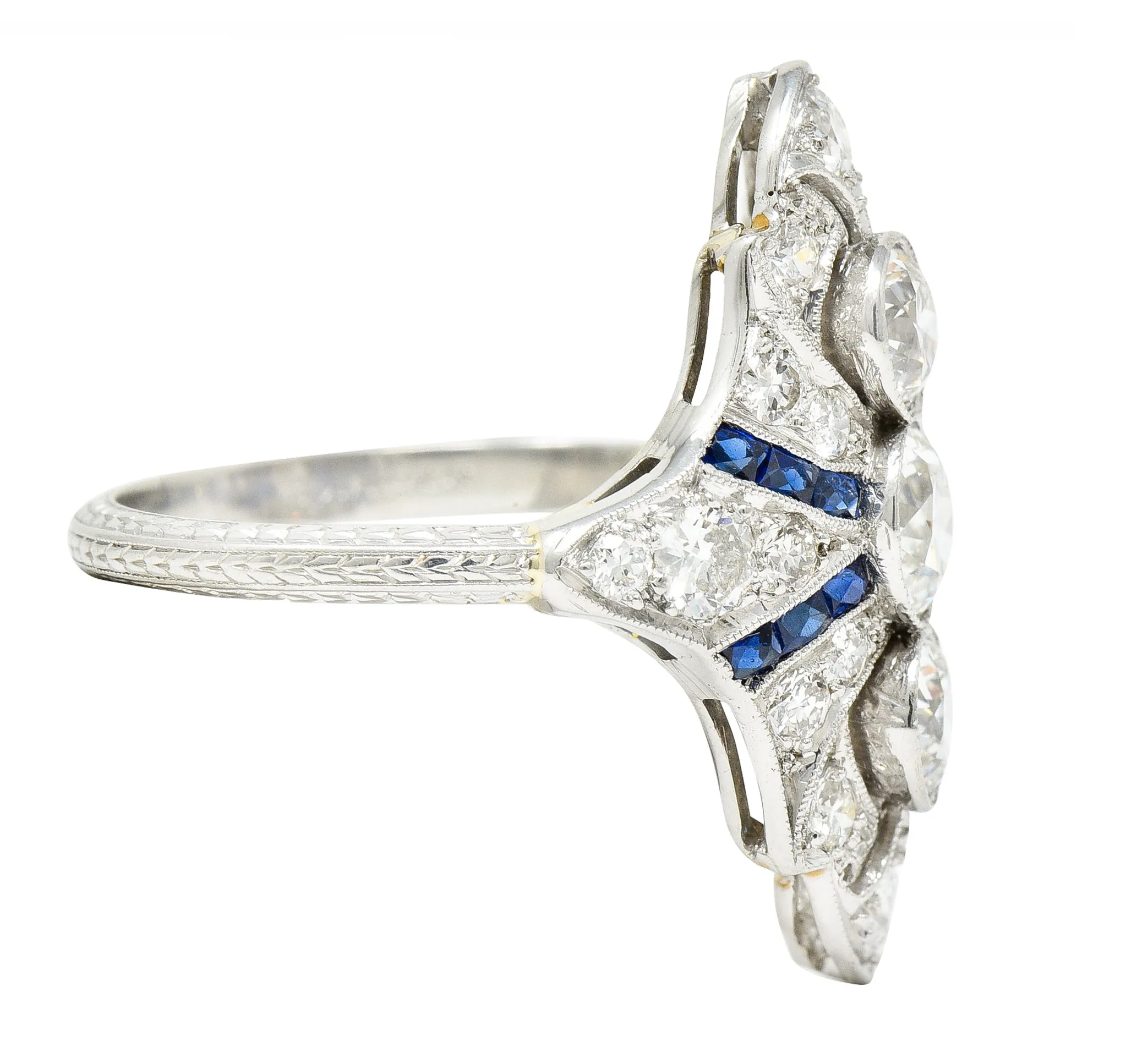 Art Deco 2.45 CTW Old European Cut Diamond French Cut Sapphire Platinum Navette Wheat Dinner Ring