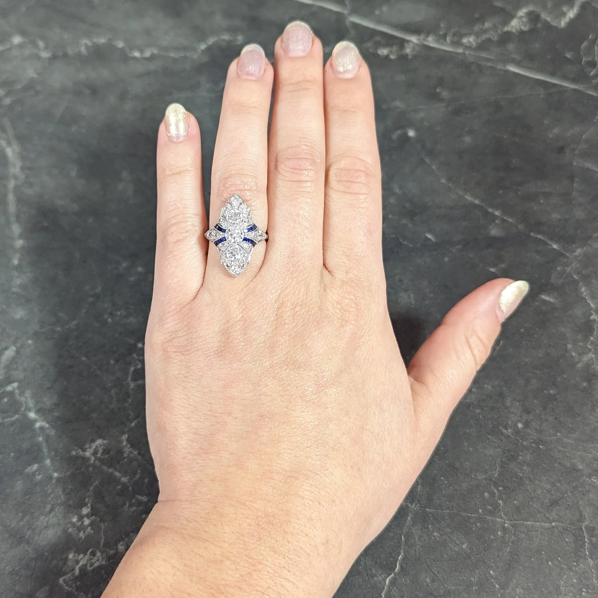 Art Deco 2.45 CTW Old European Cut Diamond French Cut Sapphire Platinum Navette Wheat Dinner Ring