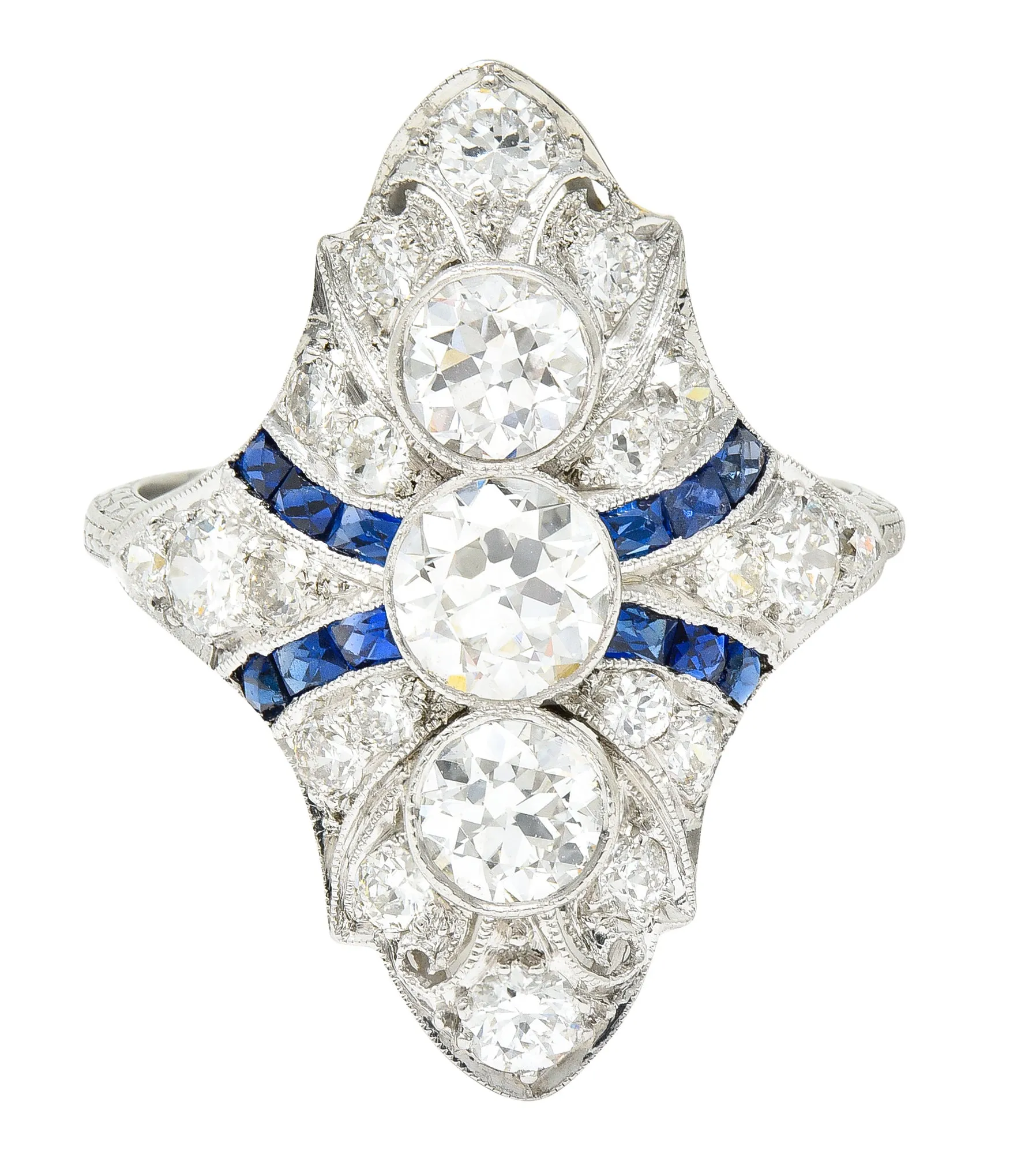 Art Deco 2.45 CTW Old European Cut Diamond French Cut Sapphire Platinum Navette Wheat Dinner Ring