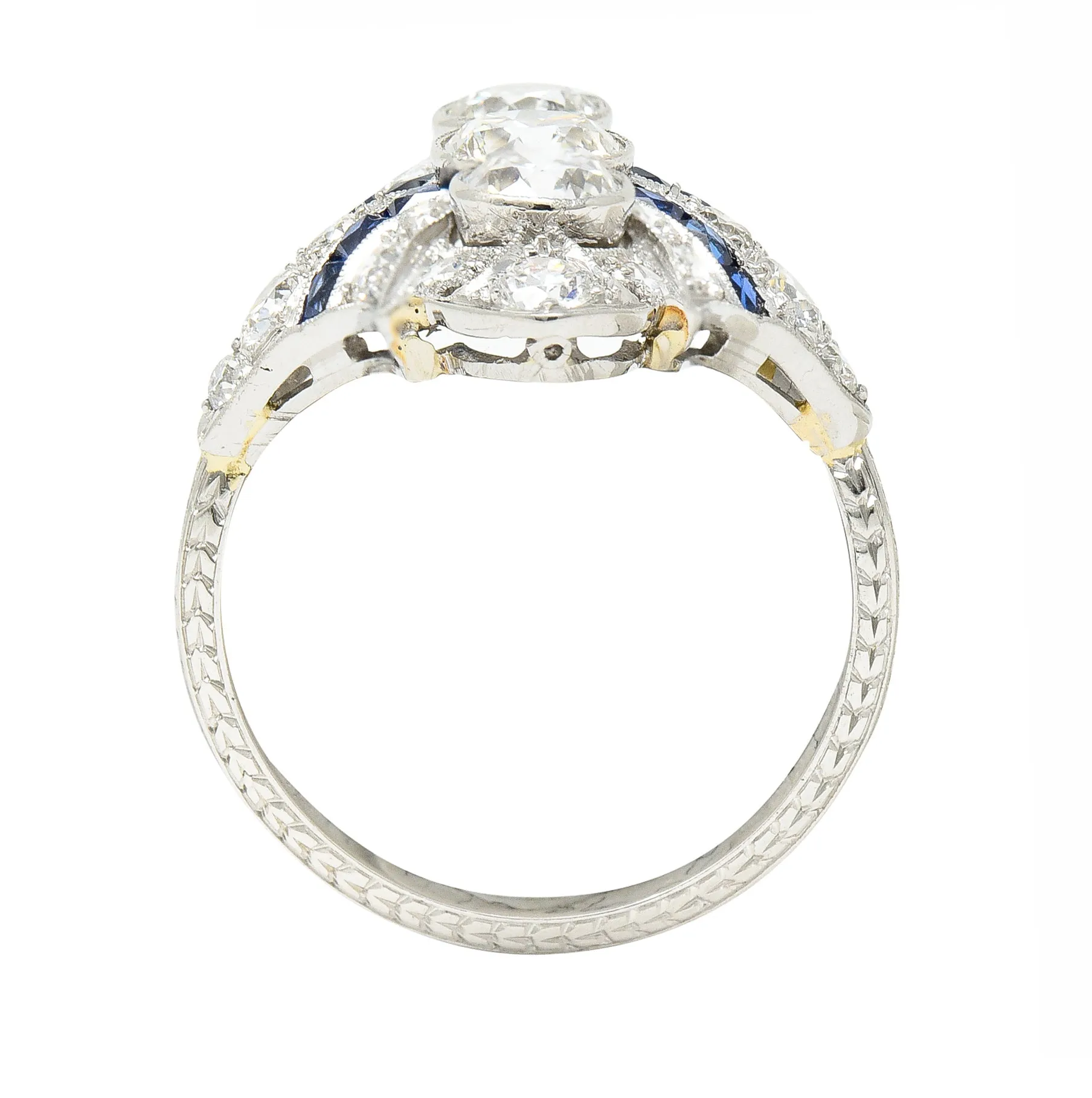 Art Deco 2.45 CTW Old European Cut Diamond French Cut Sapphire Platinum Navette Wheat Dinner Ring
