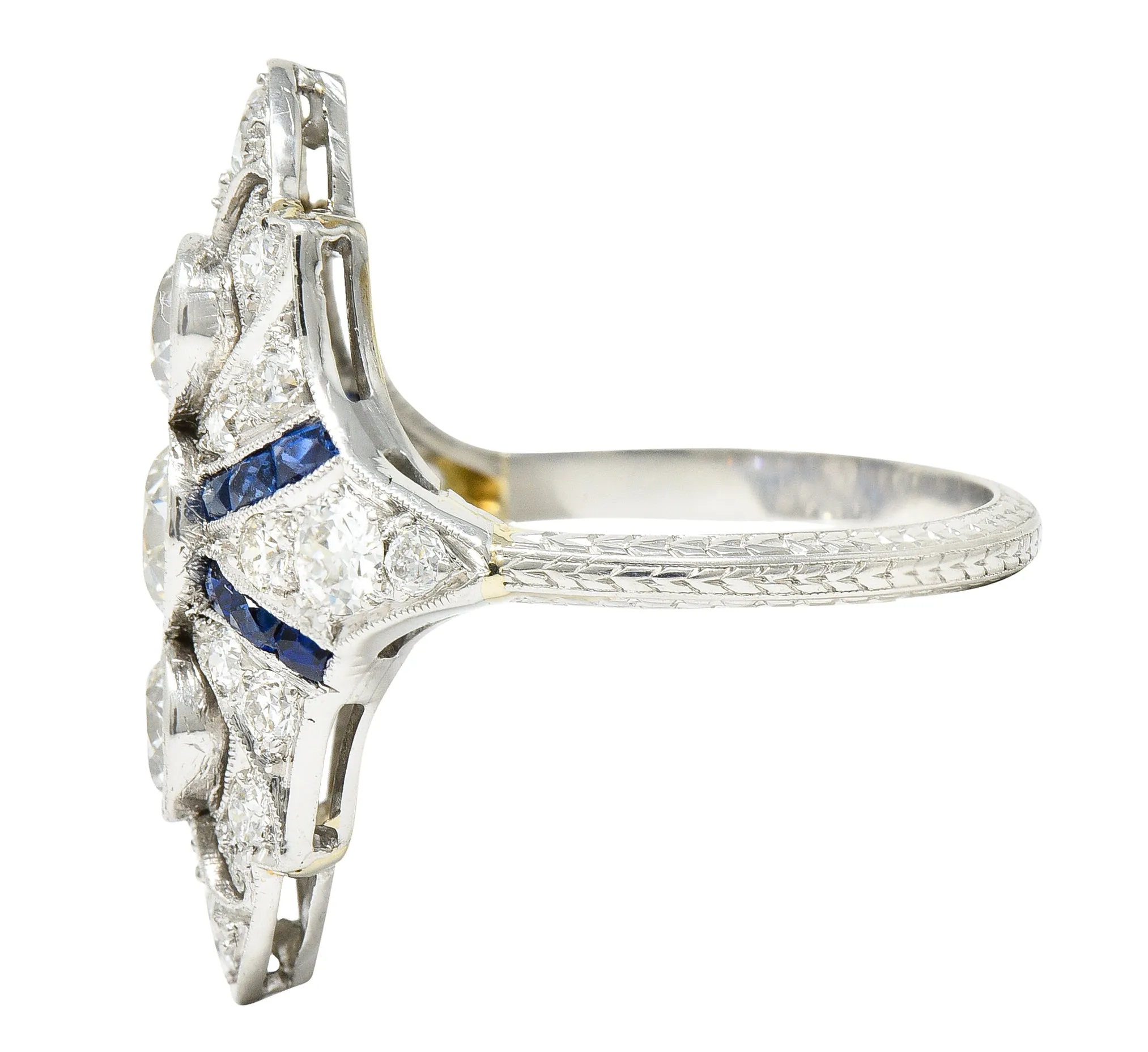 Art Deco 2.45 CTW Old European Cut Diamond French Cut Sapphire Platinum Navette Wheat Dinner Ring