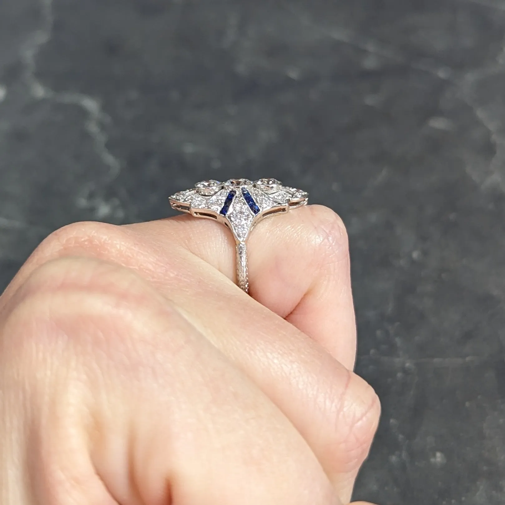 Art Deco 2.45 CTW Old European Cut Diamond French Cut Sapphire Platinum Navette Wheat Dinner Ring