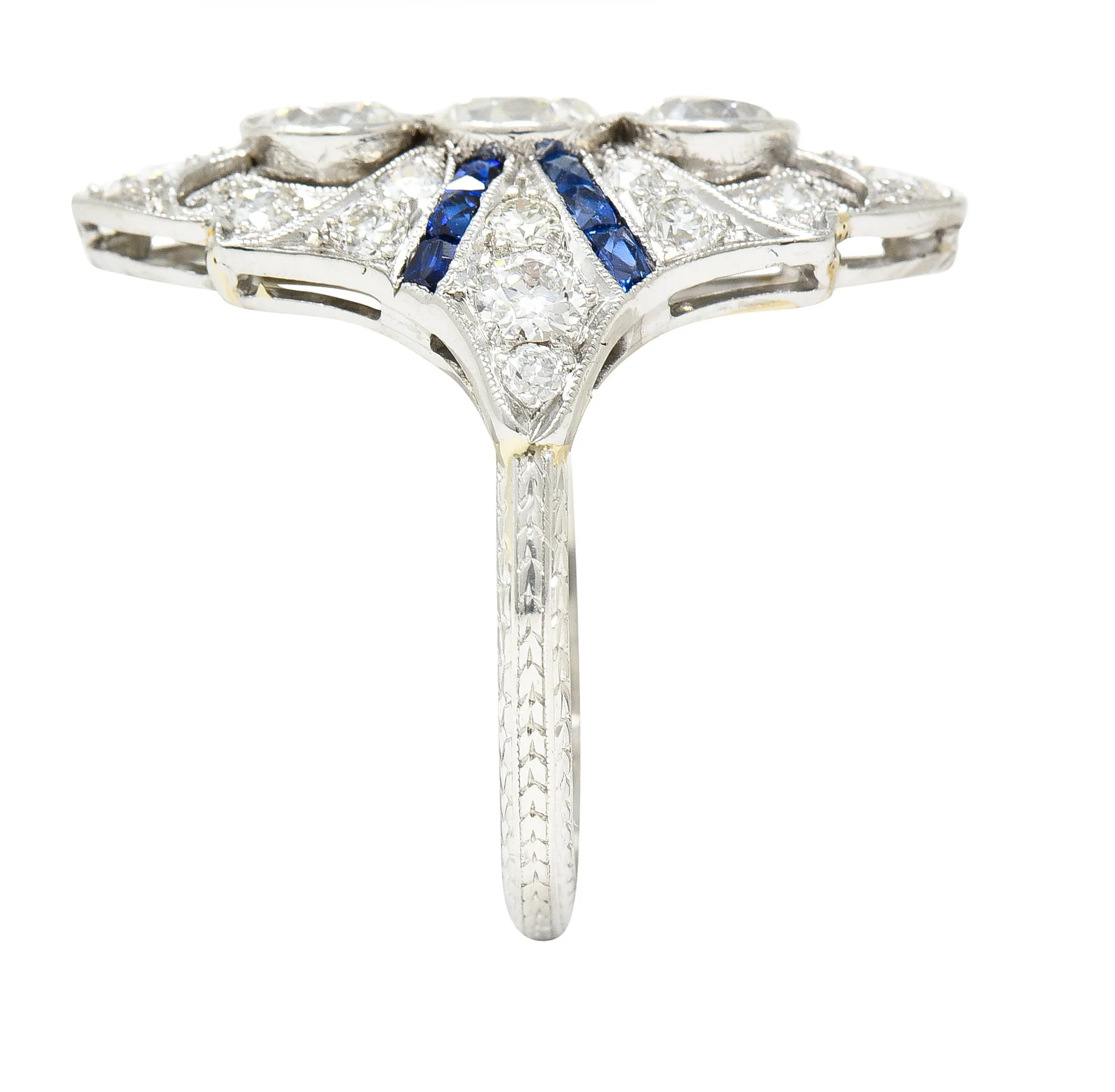 Art Deco 2.45 CTW Old European Cut Diamond French Cut Sapphire Platinum Navette Wheat Dinner Ring