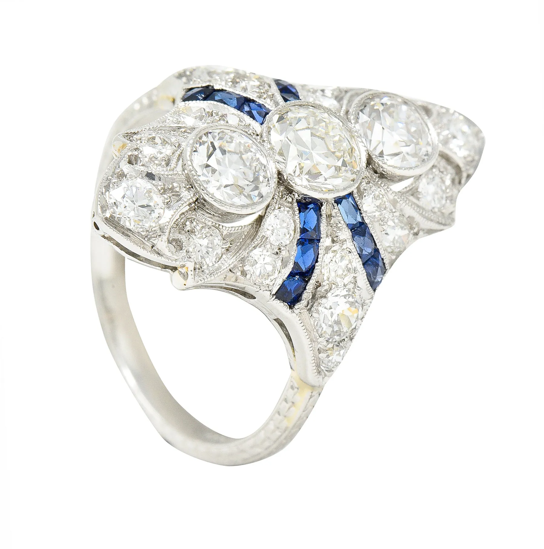Art Deco 2.45 CTW Old European Cut Diamond French Cut Sapphire Platinum Navette Wheat Dinner Ring