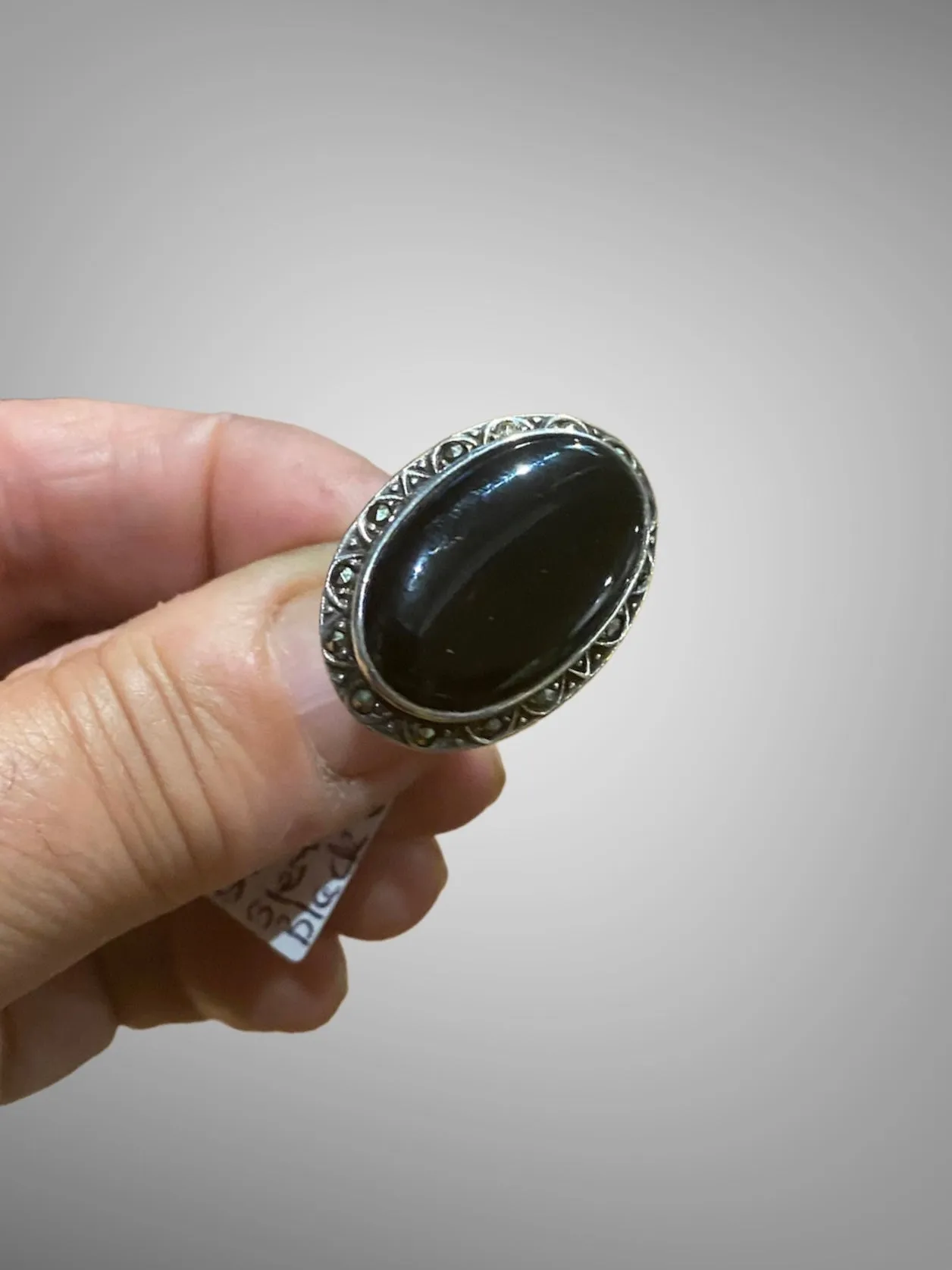Art Deco Oval Onyx with Marcasite Halo Ring