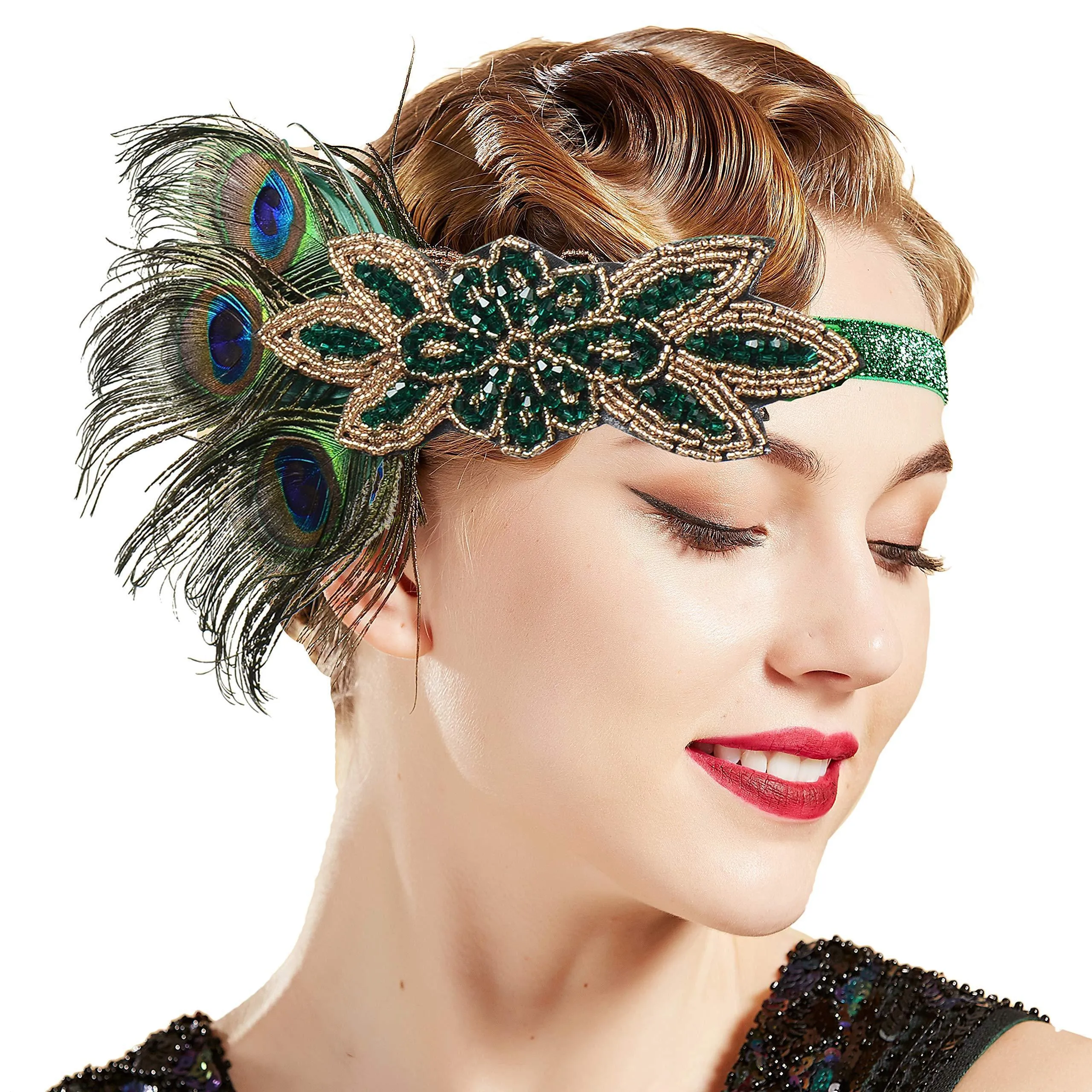 ArtiDeco 1920s Headpiece Vintage 1920s Headband Crystal Headband Flapper Headpiece with Crystal Great Gatsby Costume Accessories Roaring 20's Accessories (Gold Black with Feather)