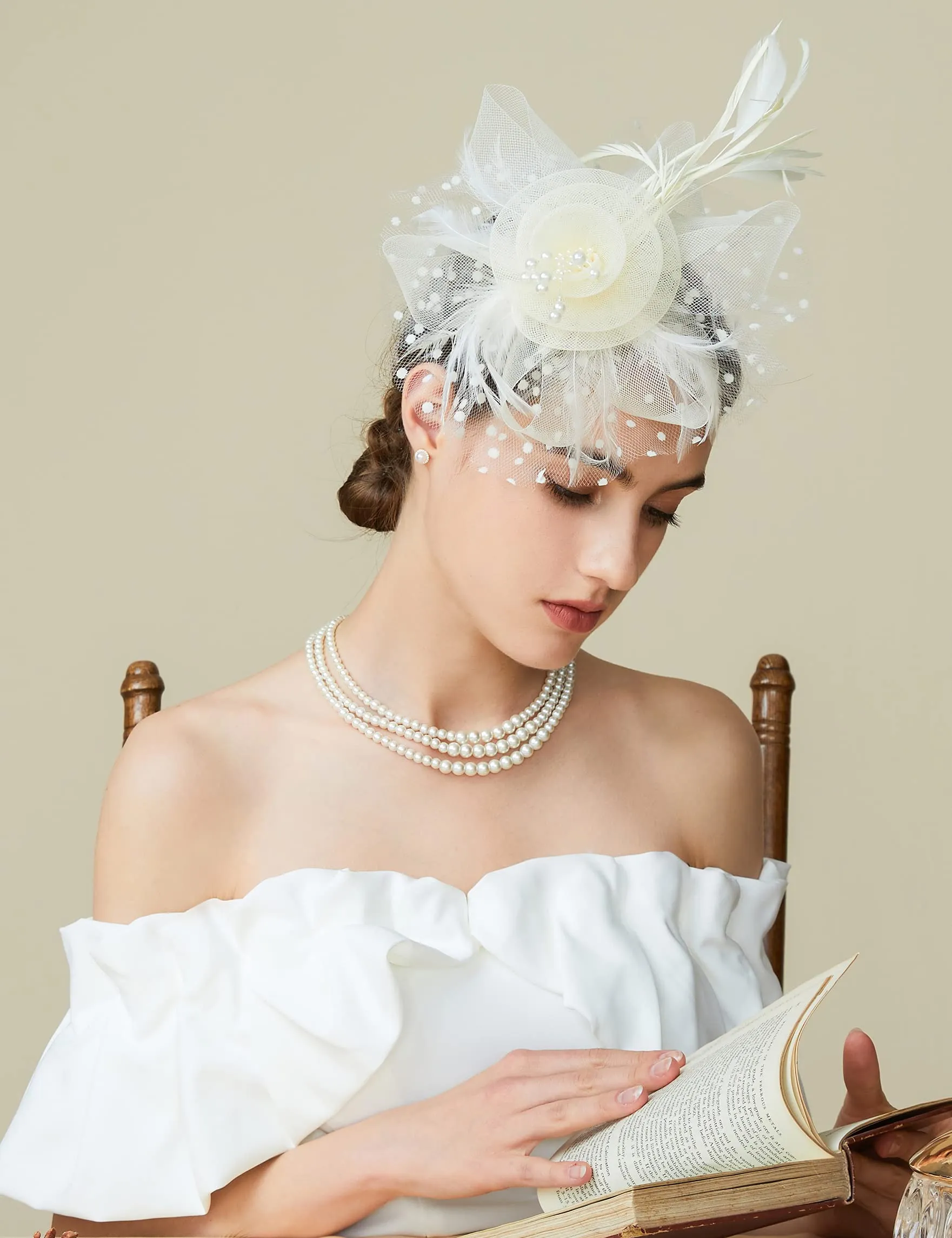 ArtiDeco Mesh Feather Fascinator Flower Hair Clip Fascinators Hat Bridal Headpiece 1920s Flapper Accessories (Beige)