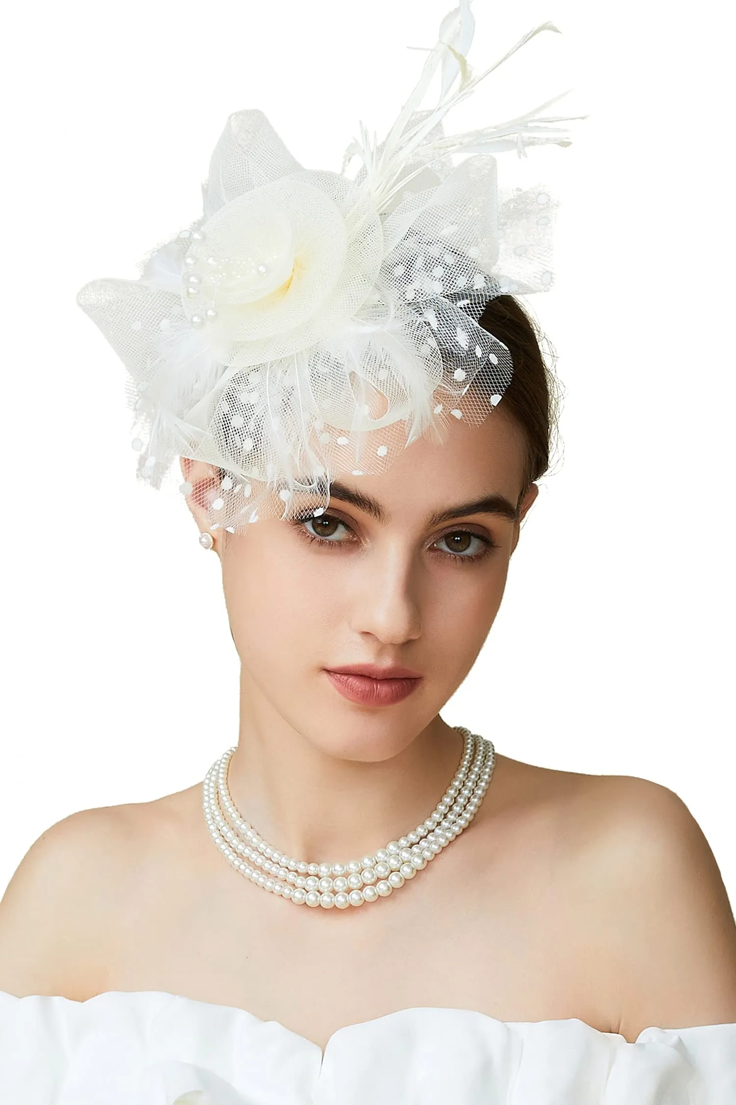 ArtiDeco Mesh Feather Fascinator Flower Hair Clip Fascinators Hat Bridal Headpiece 1920s Flapper Accessories (Beige)
