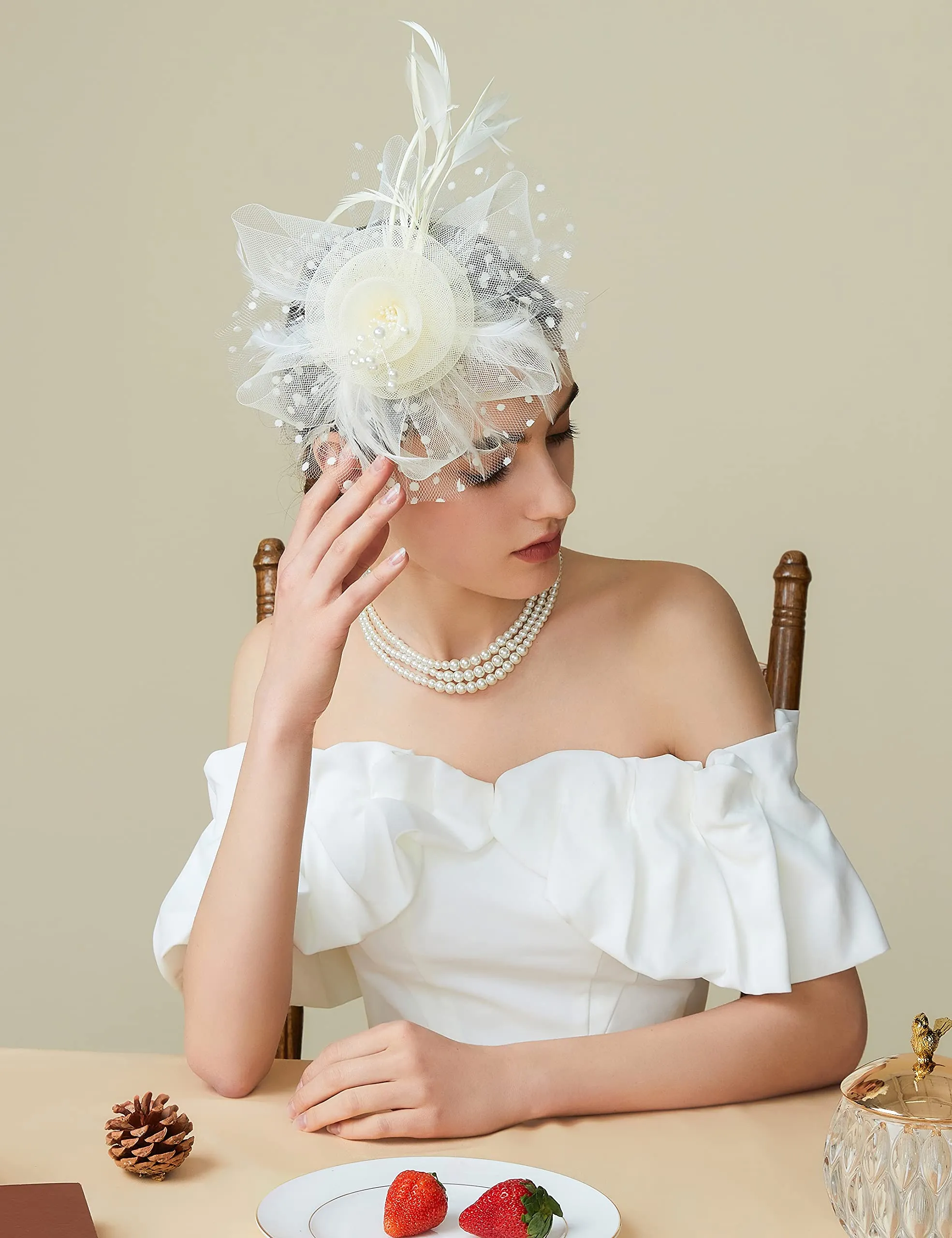 ArtiDeco Mesh Feather Fascinator Flower Hair Clip Fascinators Hat Bridal Headpiece 1920s Flapper Accessories (Beige)