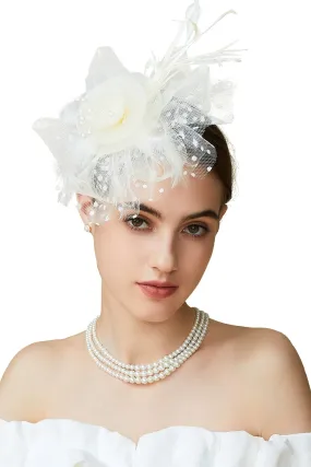 ArtiDeco Mesh Feather Fascinator Flower Hair Clip Fascinators Hat Bridal Headpiece 1920s Flapper Accessories (Beige)