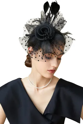 ArtiDeco Mesh Feather Fascinator Flower Hair Clip Fascinators Hat Bridal Headpiece 1920s Flapper Accessories (Black)(Size: Diameter of the floral: 7inch/17.8cm.)