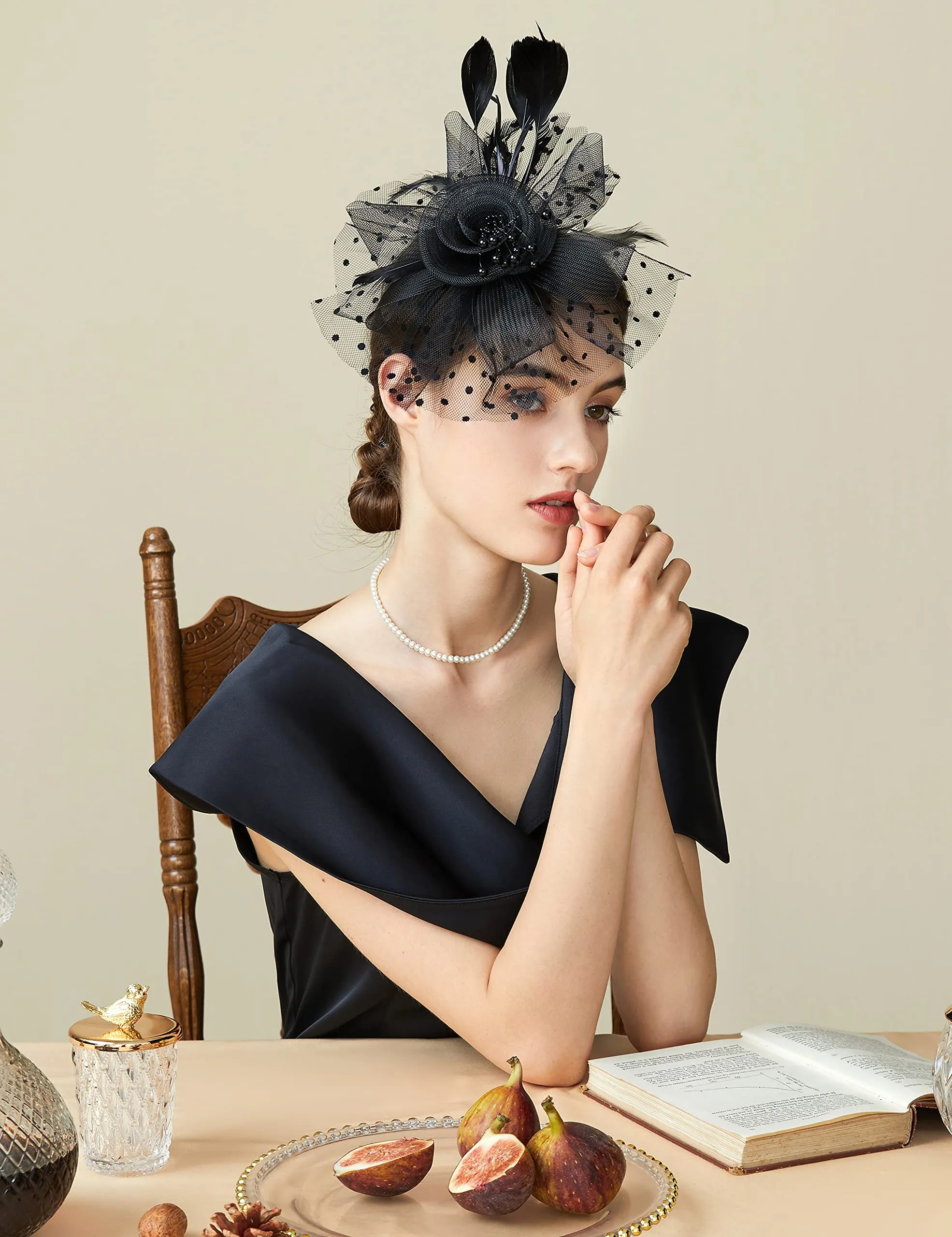 ArtiDeco Mesh Feather Fascinator Flower Hair Clip Fascinators Hat Bridal Headpiece 1920s Flapper Accessories (Black)(Size: Diameter of the floral: 7inch/17.8cm.)