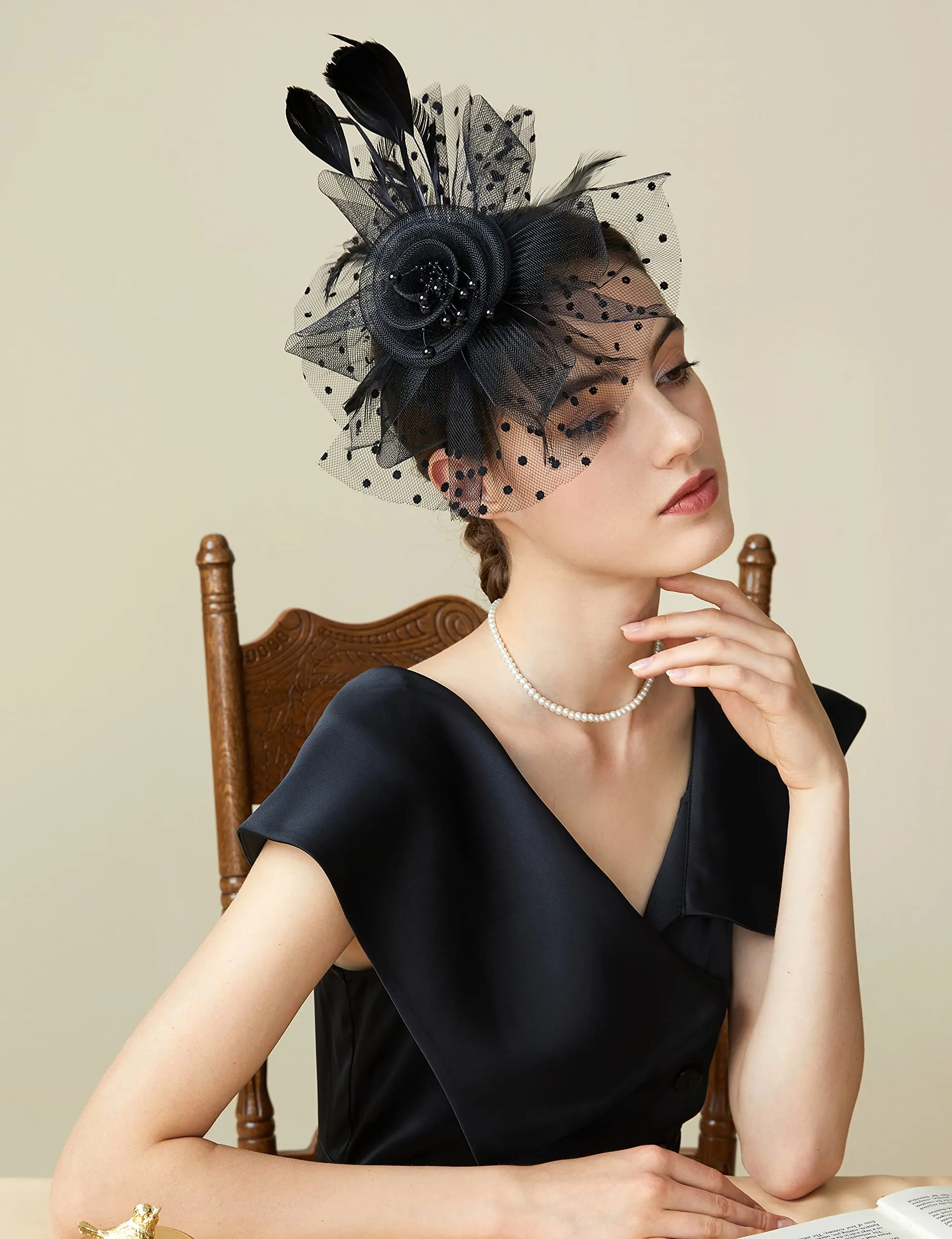 ArtiDeco Mesh Feather Fascinator Flower Hair Clip Fascinators Hat Bridal Headpiece 1920s Flapper Accessories (Black)(Size: Diameter of the floral: 7inch/17.8cm.)