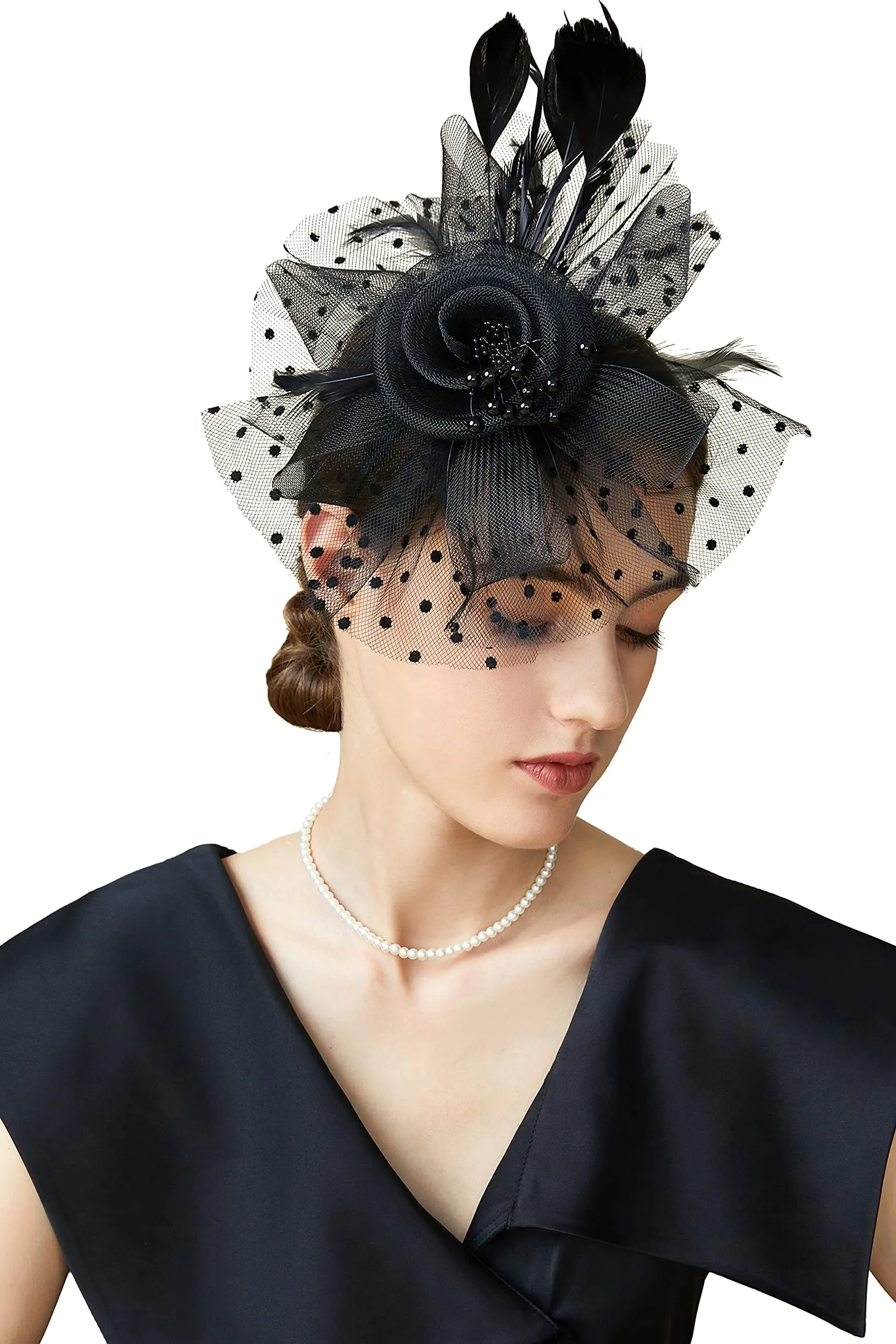 ArtiDeco Mesh Feather Fascinator Flower Hair Clip Fascinators Hat Bridal Headpiece 1920s Flapper Accessories (Black)(Size: Diameter of the floral: 7inch/17.8cm.)