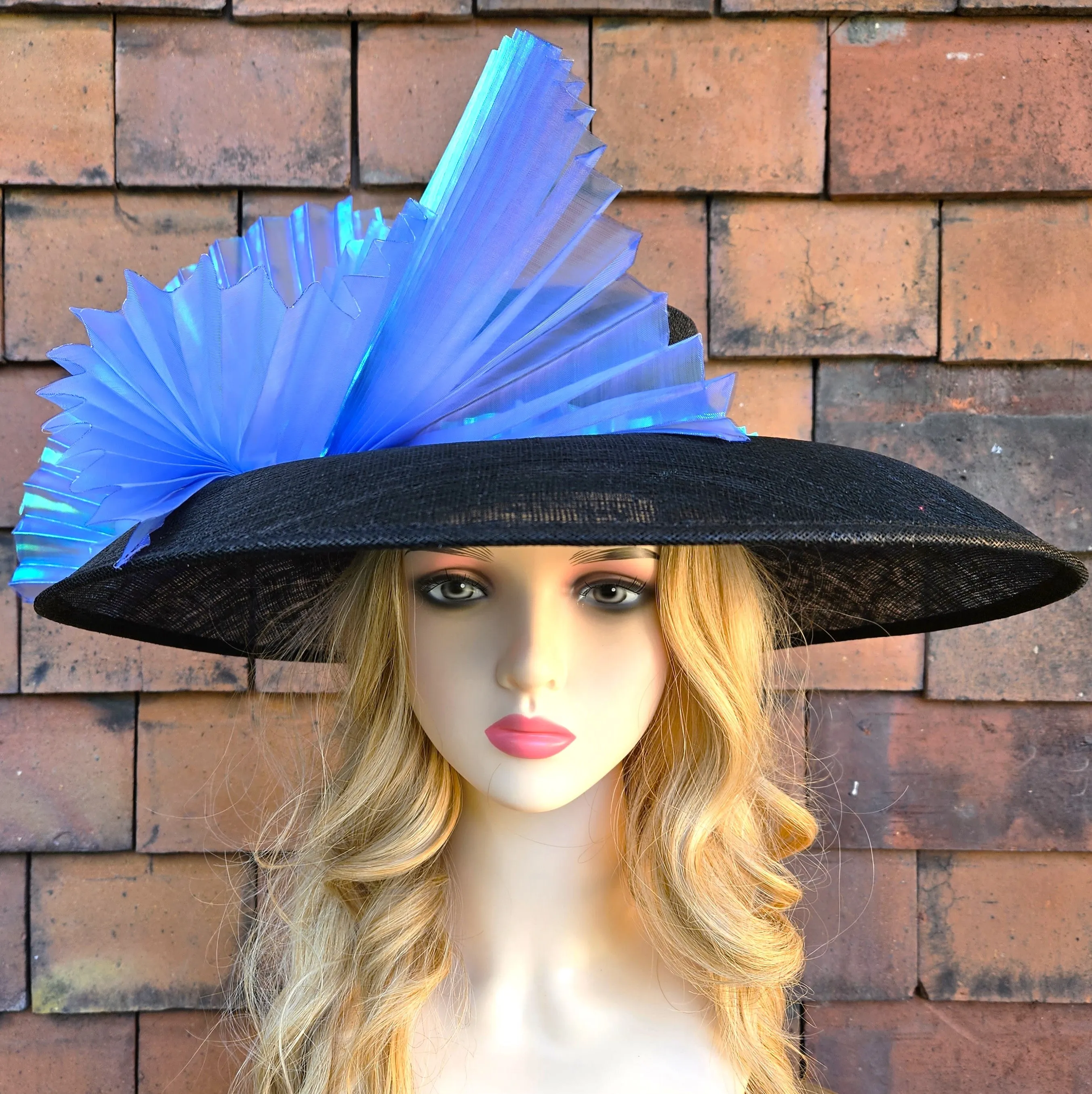Ascot Hat with Wide Brim - Large Wedding Hats Blue Black - Ladies Racing Hats - Church Hats for Women