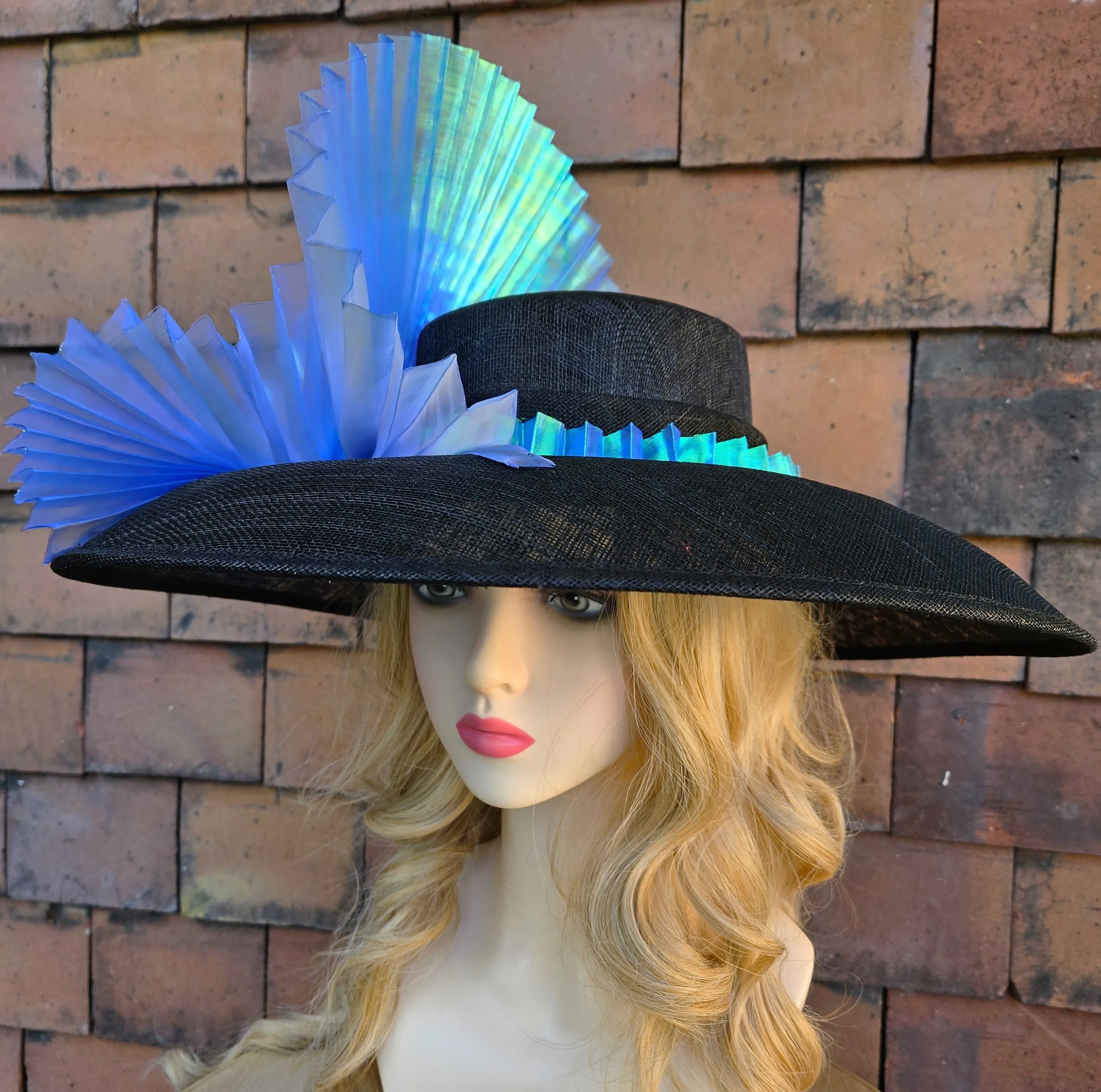 Ascot Hat with Wide Brim - Large Wedding Hats Blue Black - Ladies Racing Hats - Church Hats for Women