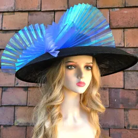 Ascot Hat with Wide Brim - Large Wedding Hats Blue Black - Ladies Racing Hats - Church Hats for Women