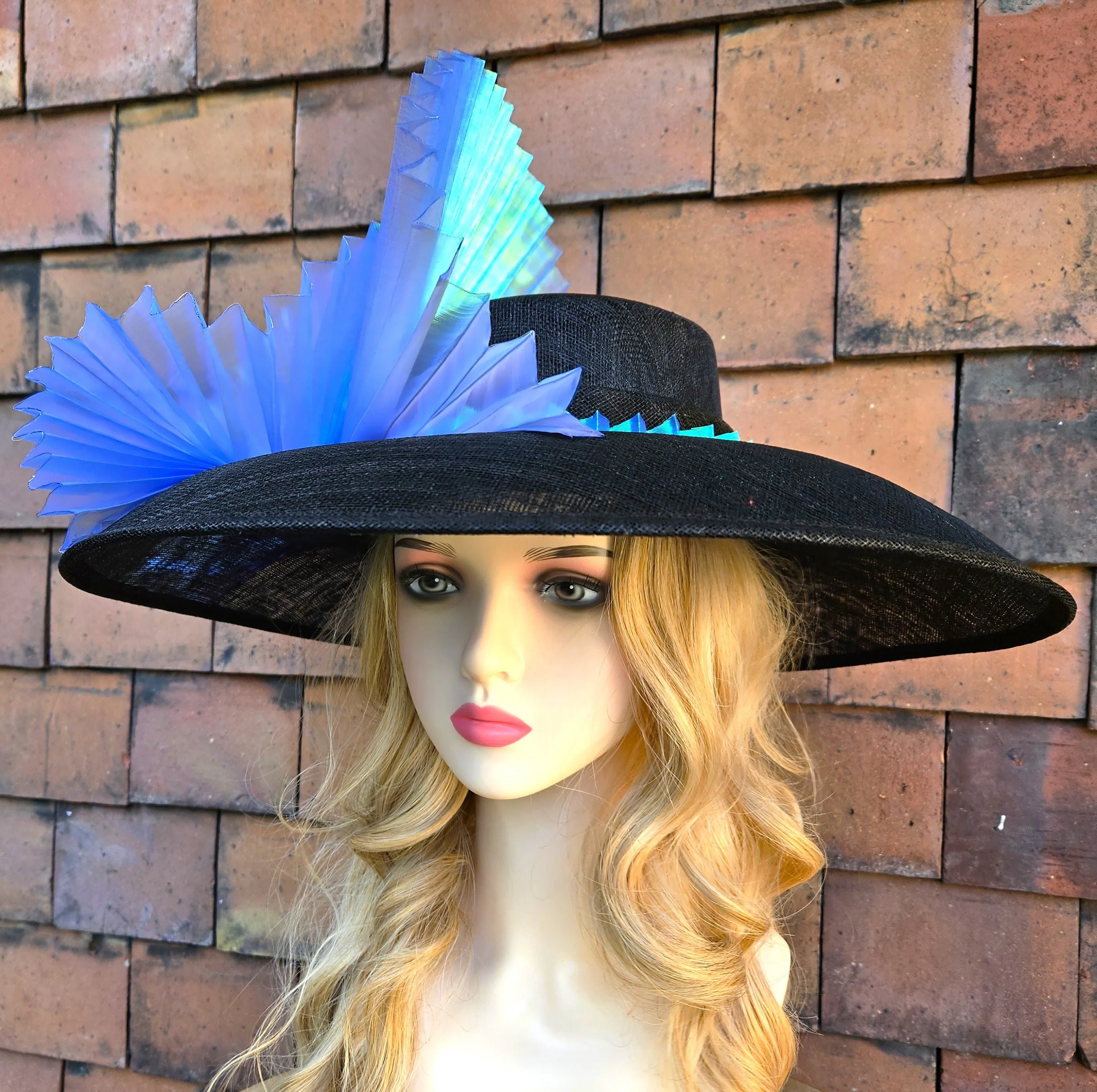 Ascot Hat with Wide Brim - Large Wedding Hats Blue Black - Ladies Racing Hats - Church Hats for Women