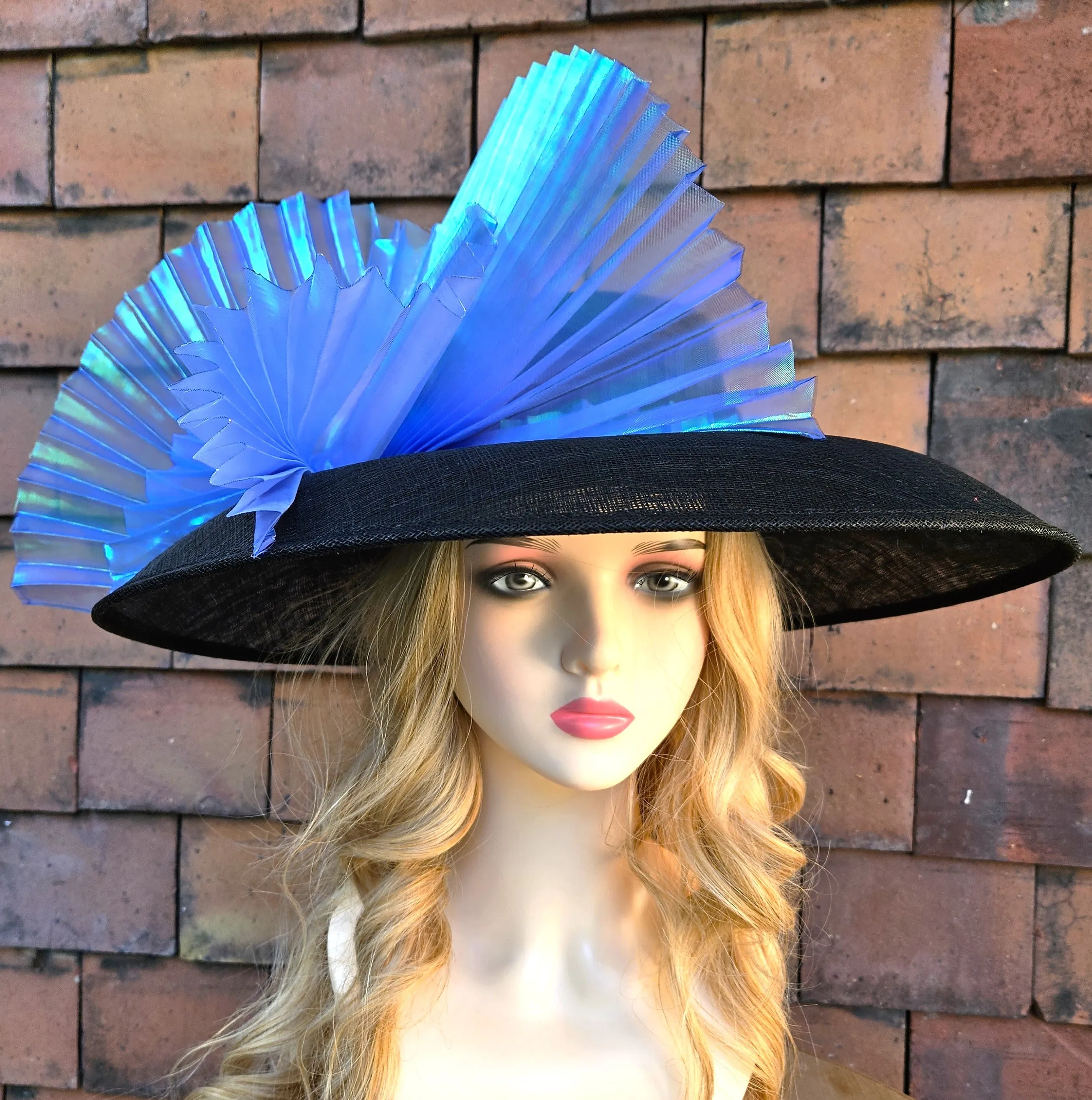 Ascot Hat with Wide Brim - Large Wedding Hats Blue Black - Ladies Racing Hats - Church Hats for Women