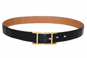 Authentic Hermes Reversible Black Crocodile Embossed/Brown Quentin Calfskin Leather Belt