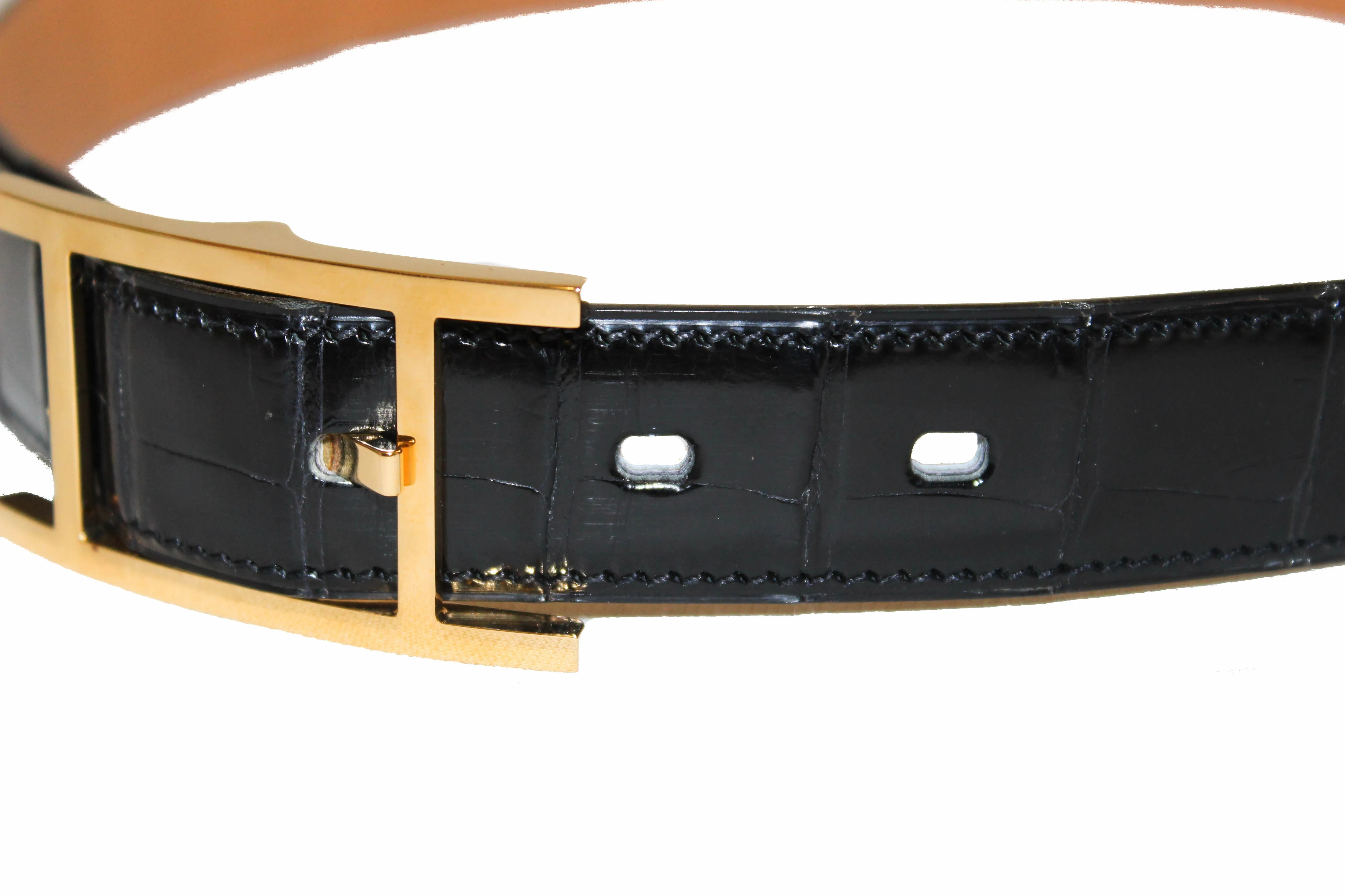 Authentic Hermes Reversible Black Crocodile Embossed/Brown Quentin Calfskin Leather Belt