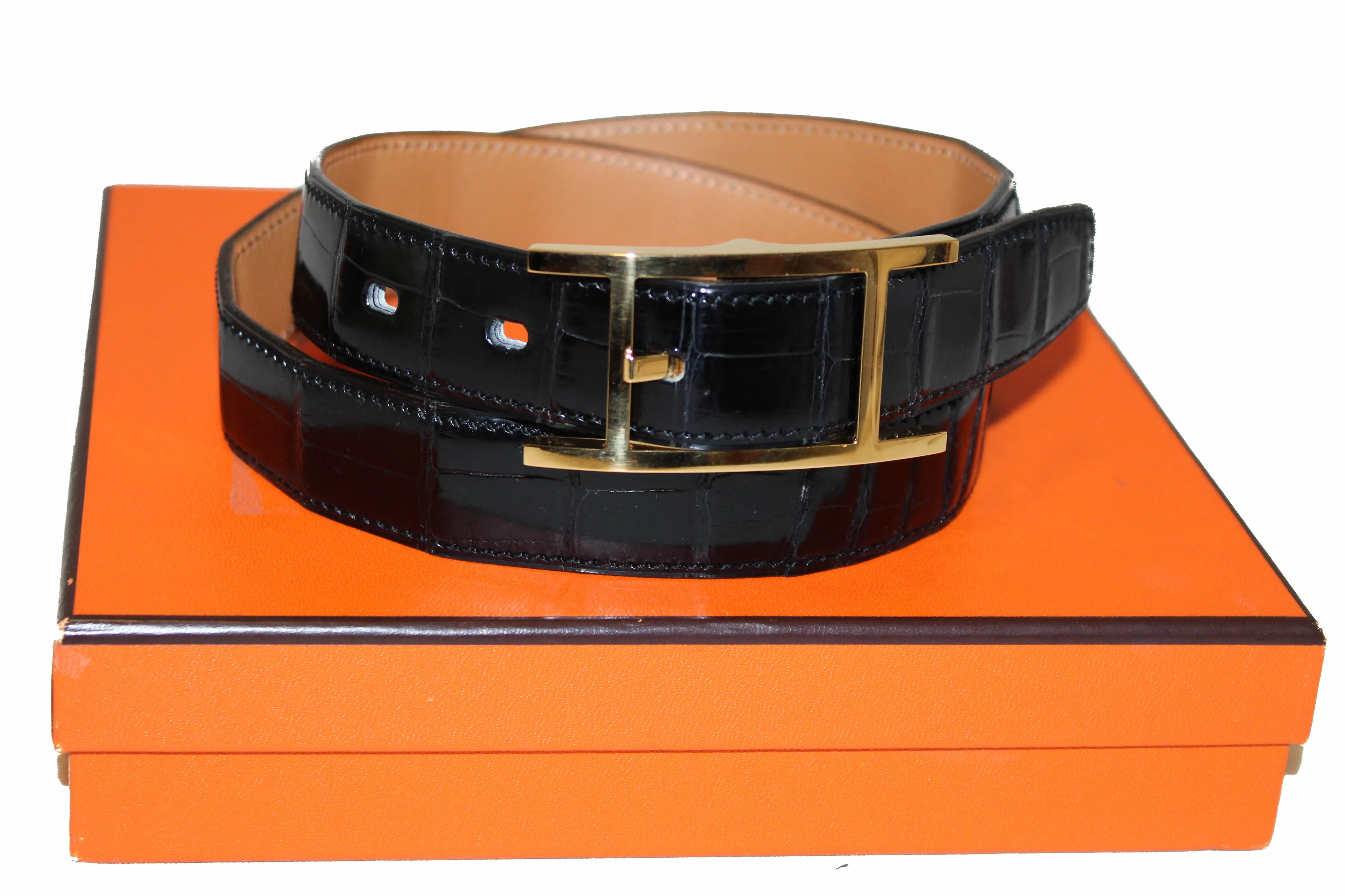 Authentic Hermes Reversible Black Crocodile Embossed/Brown Quentin Calfskin Leather Belt
